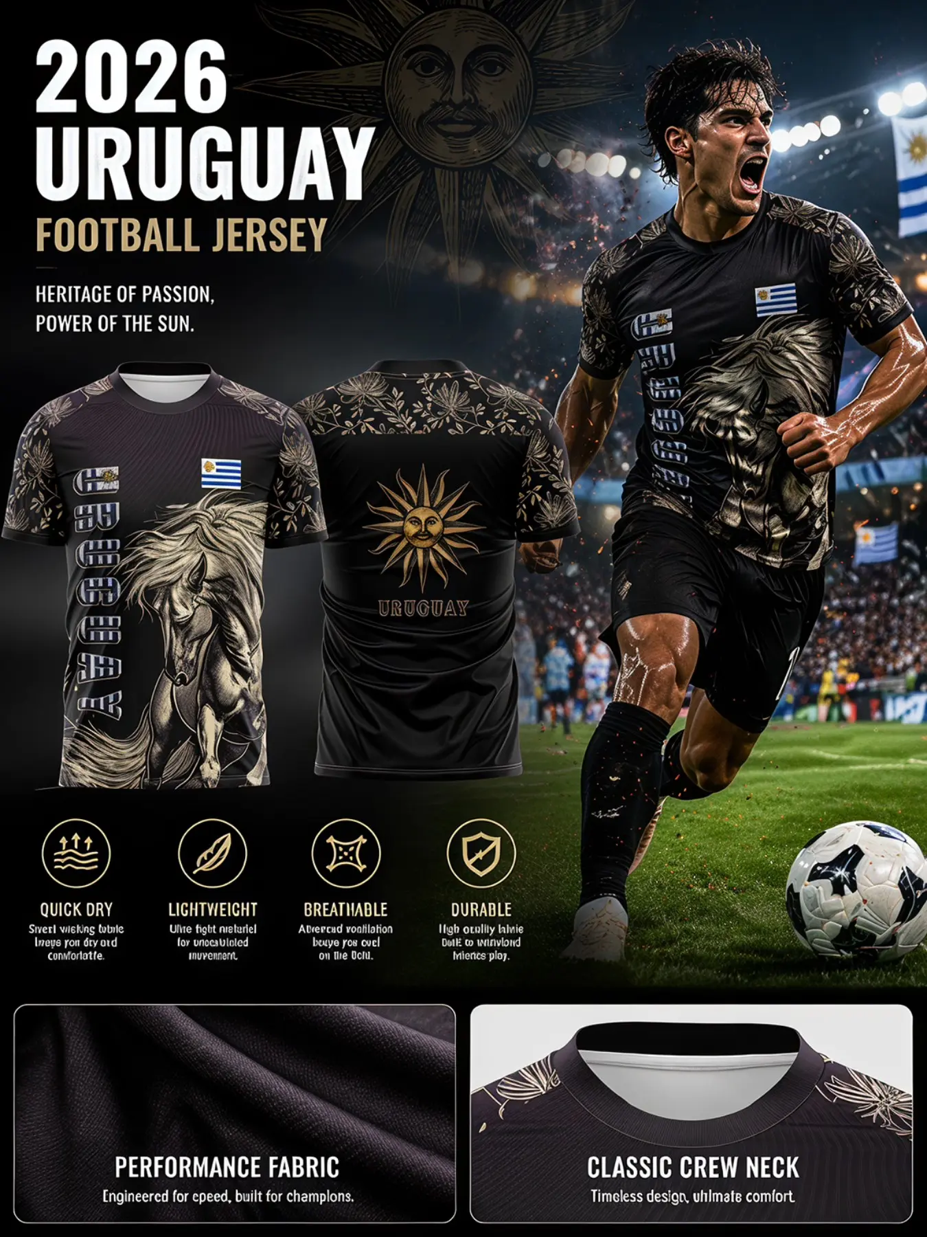 2026 Uruguay Gold Jersey, May Sun Men's Quick-Dry Soccer Shirt, Lightweight Breathable Durable Football Top, Match Training Casual Patriotic Fan Gift