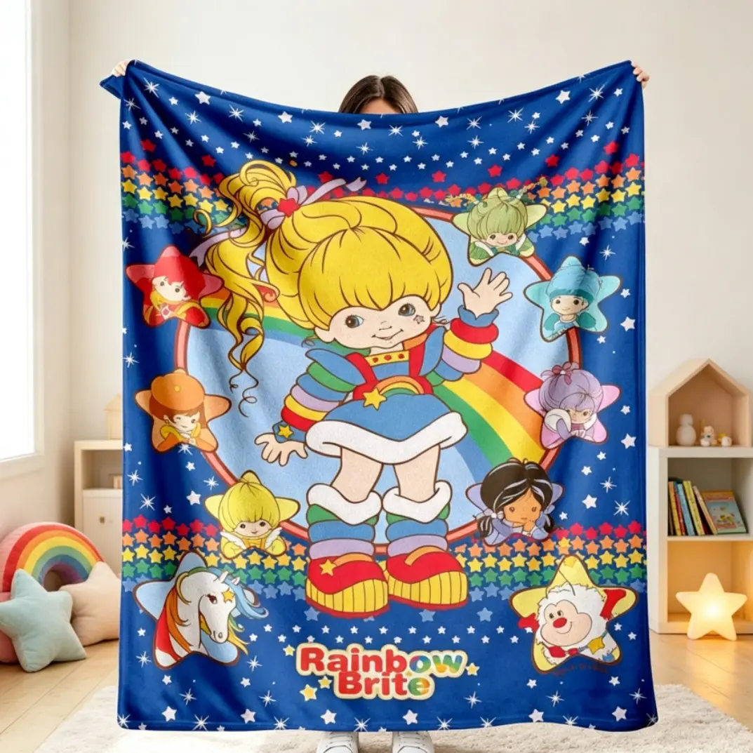 Rainbow Brite Flannel Blanket, Vibrant Colors Star Pattern Lace Print Soft Comfortable Throw Blanket, Cozy Fleece Blanket for Bedroom Movie Nights Camping Trips Sofa Bed Office Decor, Classic Animation Fans Gift for Adults Kids