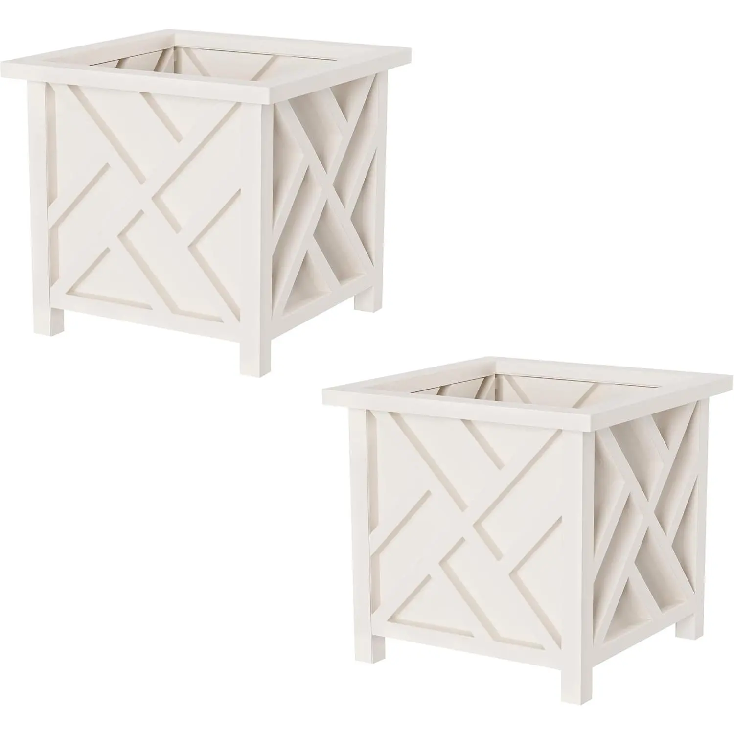 Lattice Design Outdoor Planter Box 2-Pack - 14.75” Square 13” Tall White Decorative Plant Pots for Front Porch Decor - Flower Pots Outdoor Planters for Porch Patio or Garden Decor