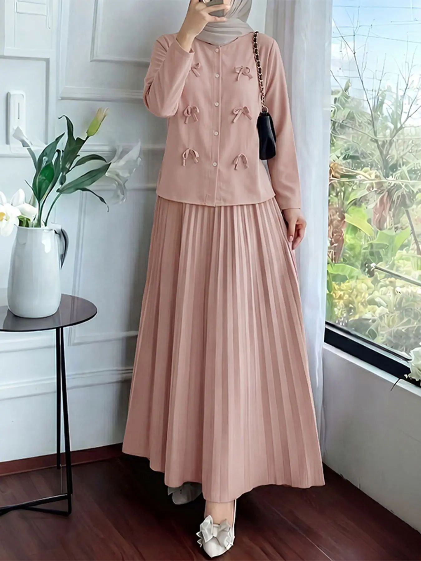 Women's Round Neck Long Sleeve Bow Shirt + Pleated Skirt Set, Fashion Muslim Set, Islamic Clothing Set, Casual Loose-Fit Two-Piece, Matching Sets, Matching Outfit Set, Co Ord, Fashion Style Sets, Spring & Fall Fashion