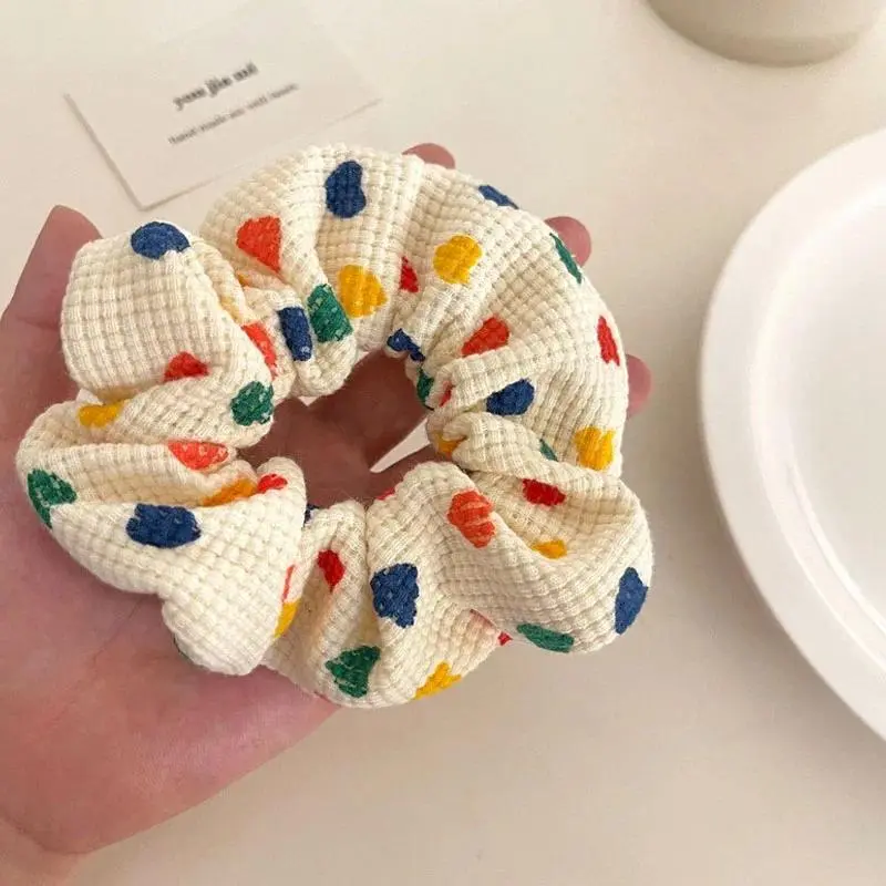 Women's Hair Ties Heart Printed Knitting Y2K Sweet Wide Elastic Scrunchies No Crease Ponytail Holder Soft Hair Accessories for School Daily Outfit