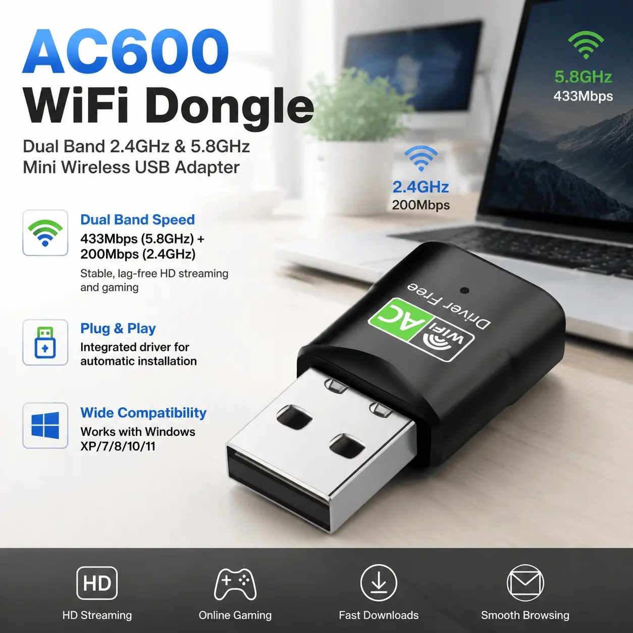 Mini Wireless WiFi Adapter AC600 USB Dual-Band Network Card, Portable 802.11AC Booster for PC Laptop Desktop, Supports 2.4GHz & 5GHz, Compatible with Windows XP/7/8/10/11