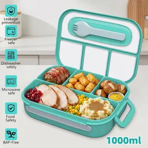 【Summerfinds】3-in-1 Kids Bento Lunch Box Tableware, 1000ml BPA-Free Silicone Lidded 4-Compartment Lightweight Airtight Latch-Equipped Reusable Portable Food Storage Container with Spoon for School