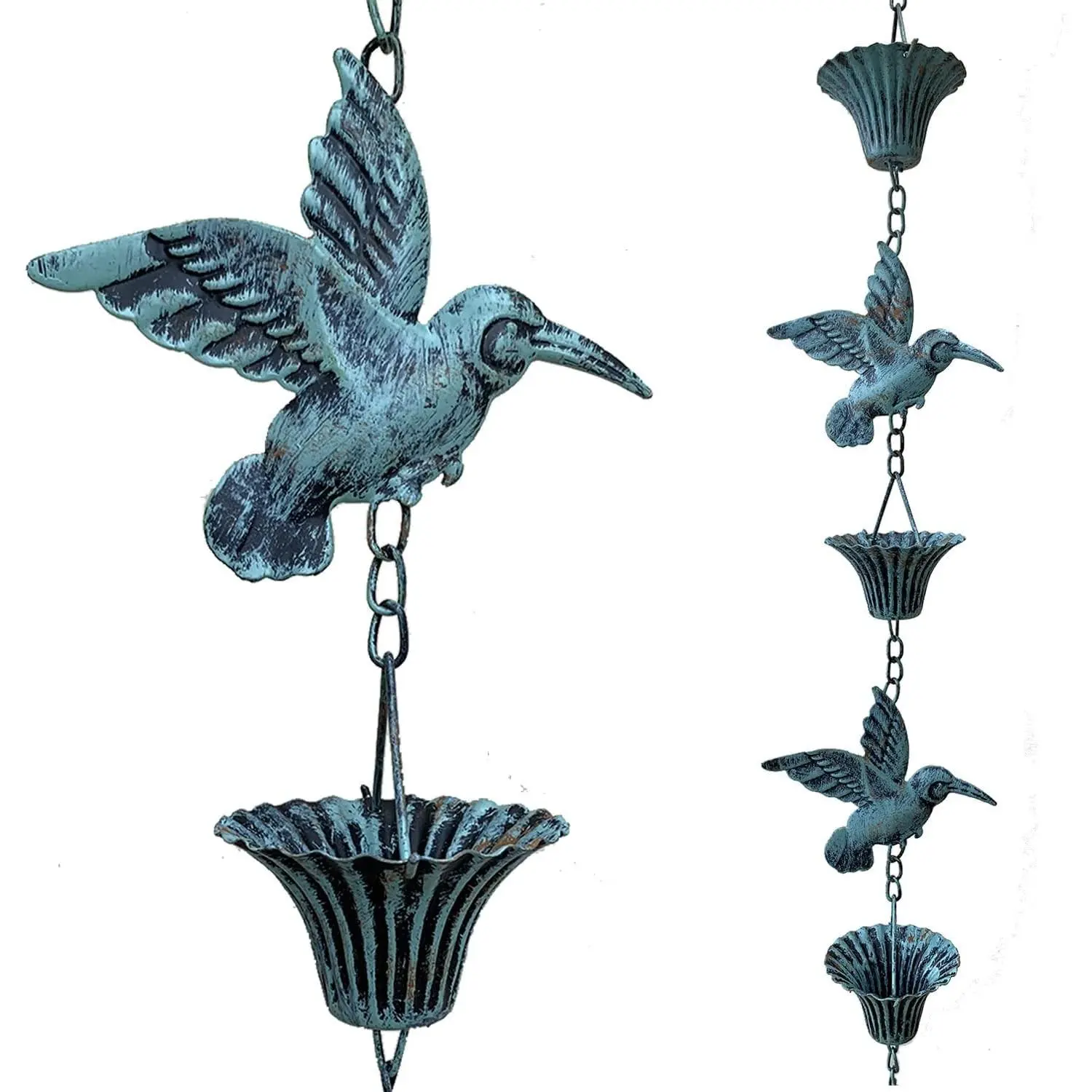 8.5FT Hummingbird & Cup Metal Rain Chain for Gutters, Functional Downspout Replacement, Rainwater Catcher for Outdoor Garden Decor, Antique Blue