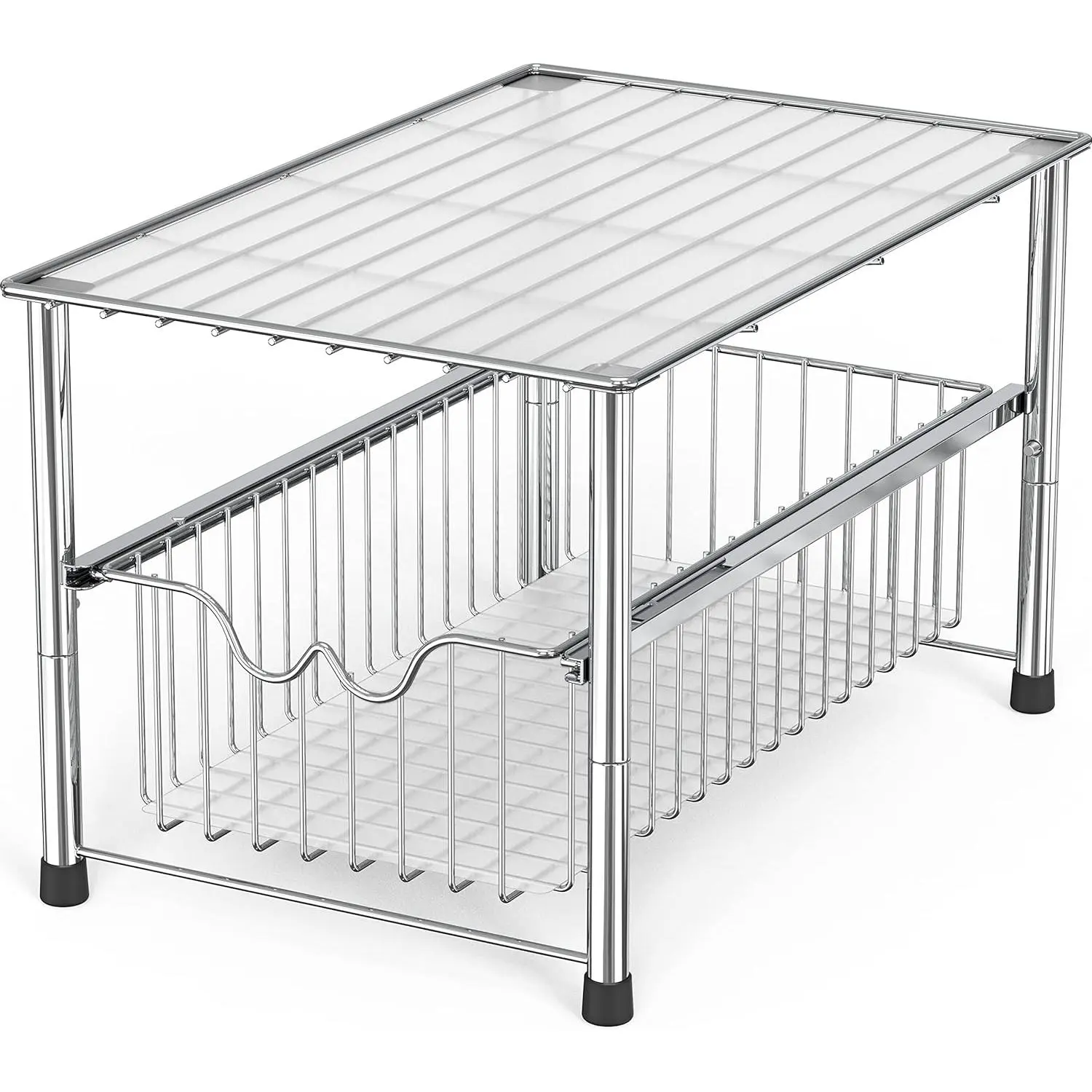 Stackable Under Sink Organizer with Sliding Basket, Chrome