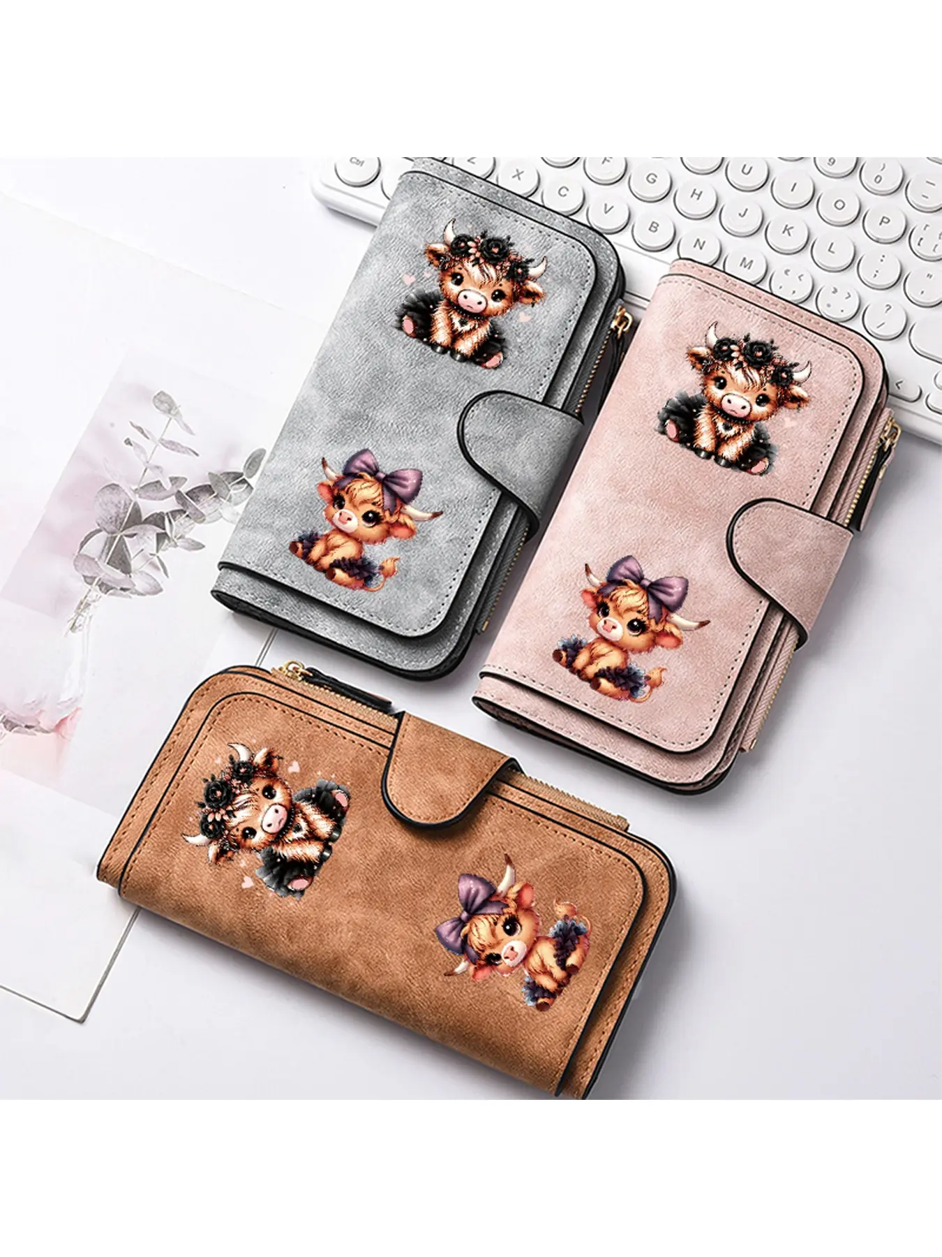 Multi functional fashion trend women's wallet with bohemian and gothic aesthetic styles, featuring a highland cow with a floral crown and black ballet skirt pattern, perfect birthday/holiday gift for her, high-quality accessories