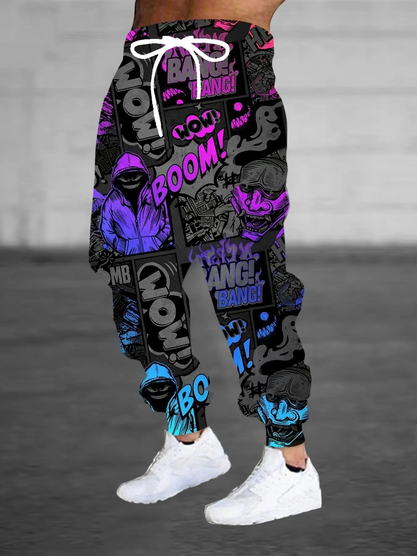 Men's Hip-Hop Style Blue Cartoon Patchwork Full Print Drawstring Jogger Pants, Casual Loose-Fit Ankle-Length Sweatpants