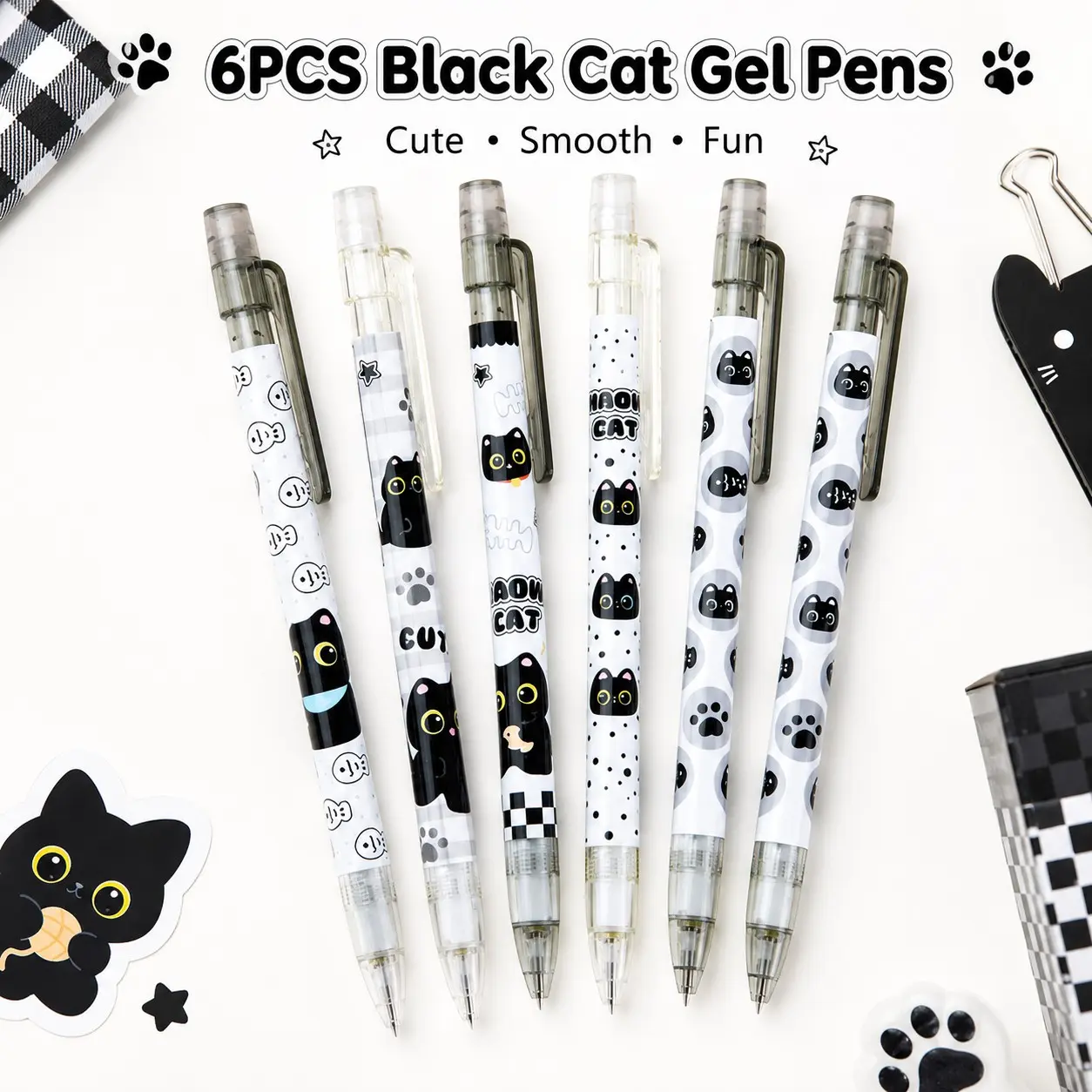 6Pcs/set black cat theme push automatic pencil, high value, smooth writing, not easy to break the core, school and office supplies, stationery writing tools, school season, New Year's gift.