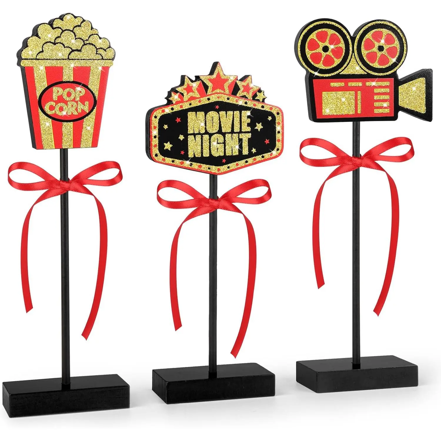 3 Pcs Movie Night Table Decorations Popcorn Projector Wooden Signs for Cinema Movie Time Birthday Party Decor (Shiny)
