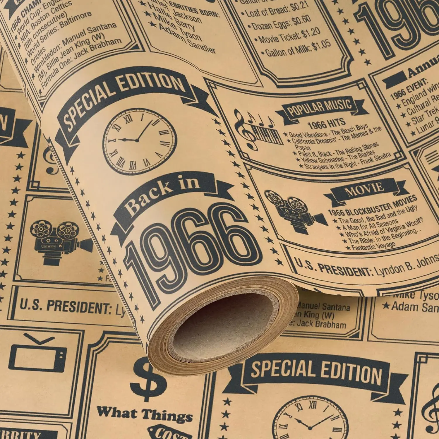 60th Birthday Wrapping Paper for Women Men - Mini Roll - 17 Inch x 16.5  -  in 1966  Newspaper  Wrapping Paper for 60 Year Old Birthday, Mom Dad, Anniversary