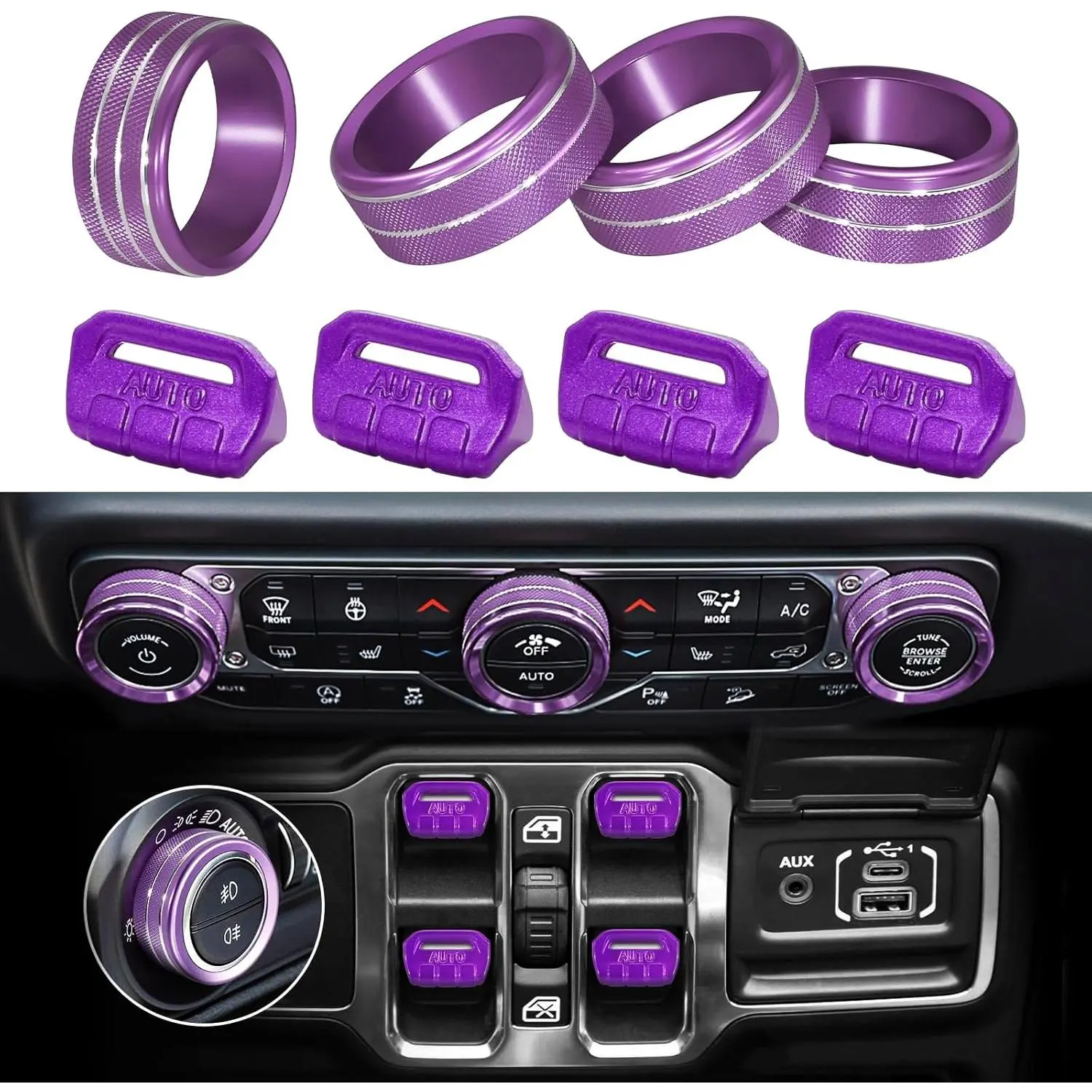 8Pcs Knob Cover for Jeep Wrangler JL JLU 2018-2026 & Gladiator JT 2020+ | Eye-catching Metallic Trims for Window Switch AC Volume Radio Air Conditioner Headlight, Anti-Scratch Durable, Purple