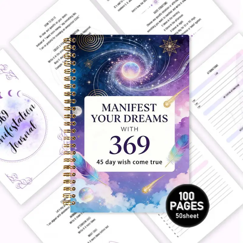 369 Manifestation Notebook - Suitable for Women - A guidebook based on the Law of Attraction, featuring 3-6-9 programming method, elements such as stars, meteors, feathers, geometric star rays on the cover, positive declarations and heuristic questions, a