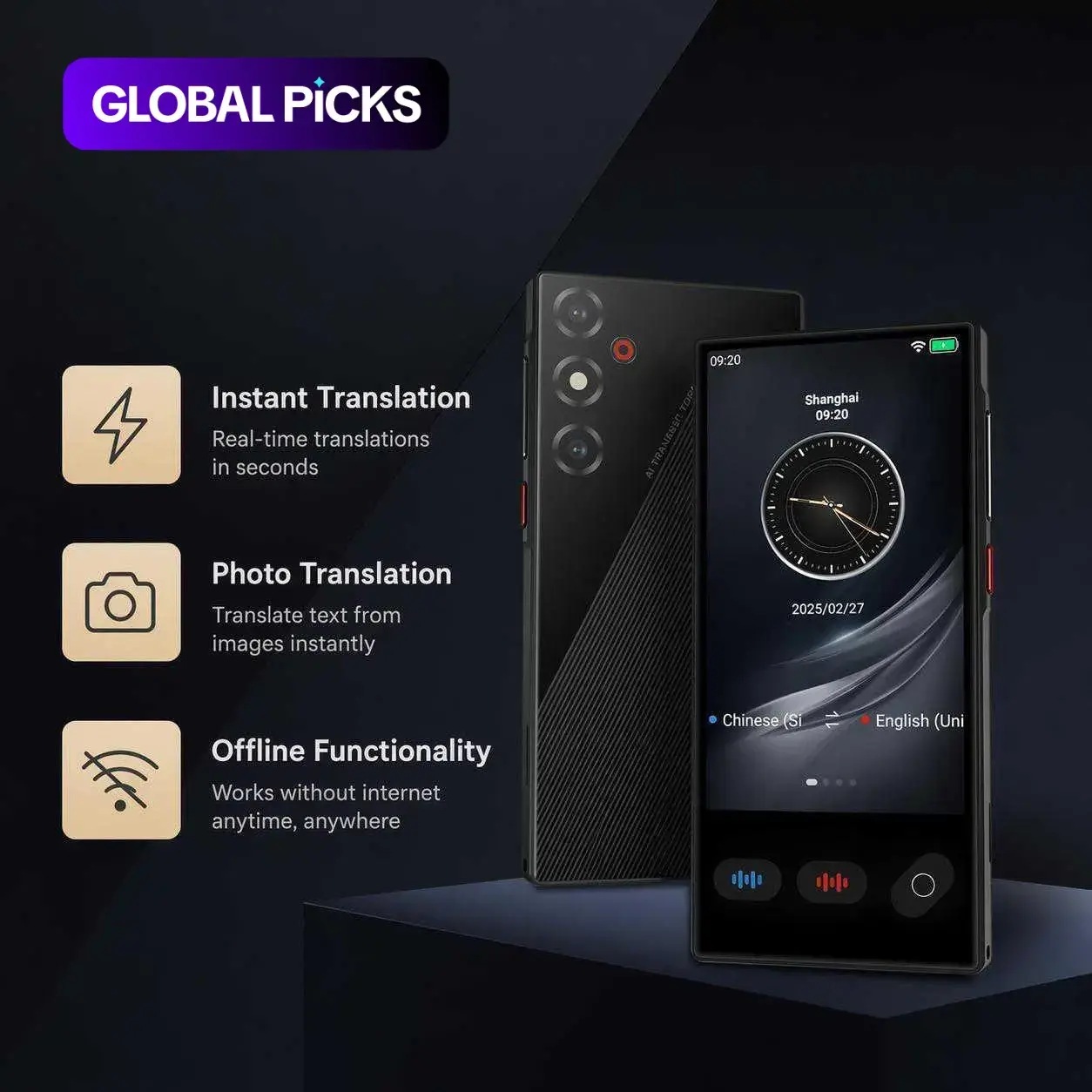 AI Smart Mini Translator Device, Portable Real-Time Bidirectional Spanish–English Translator for Business, Travel and Learning, Supports Online/Offline Photo and Speech Translation #GLOBAL PICKS