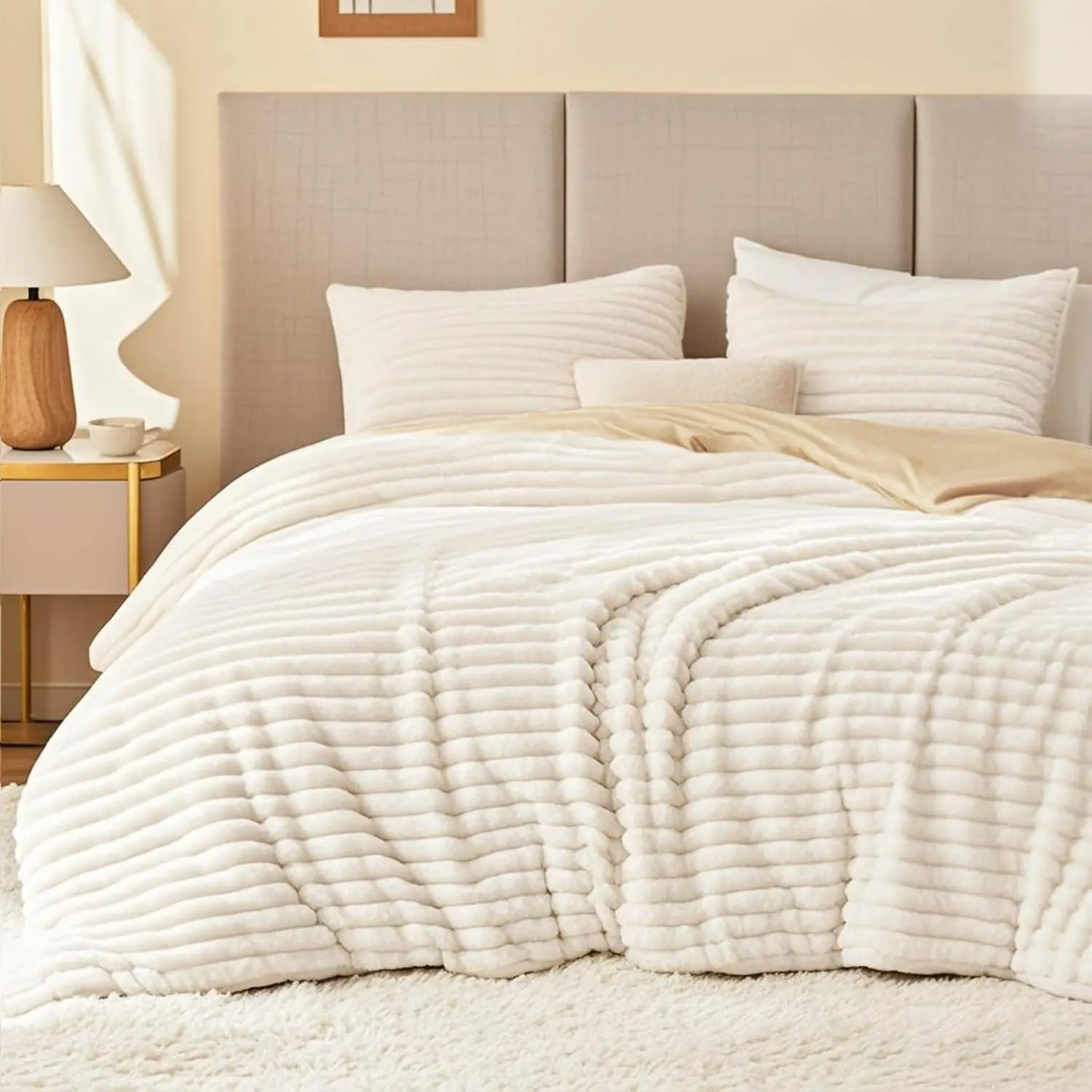 Comforter Set Queen Size - Soft Faux Fur Stripe Comforter 3 Pieces, Fleece Bedding Set,Winter Warm Bed Set,1 Comforter with 2 Pillowcases (Beige&Khaki)