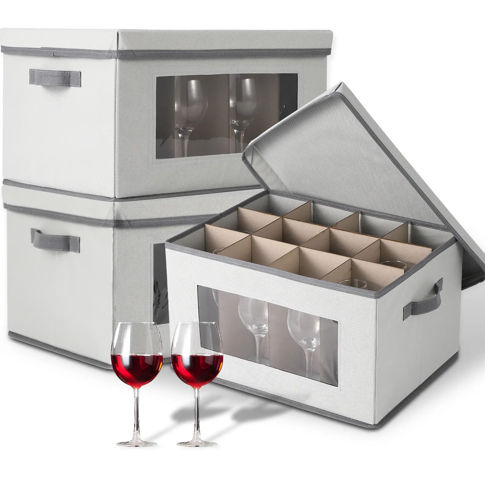 3 Pack Wine Glass Storage Boxes with Lid - 12-Compartment Collapsible Organizer for Crystal Glassware - Clear Window Panel, Protective Non-Woven Holder for Kitchen and Moving - Grey, 43×33×25cm