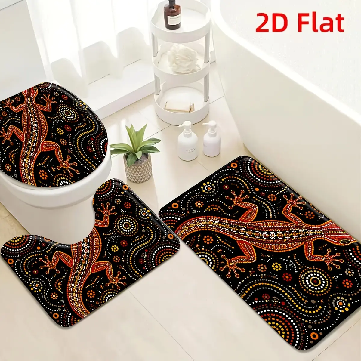 2D Flat 2/3Pcs Aboriginal Dot Art Lizard Flannel Bathroom Mat Set, Non-Slip Quick Dry Water Absorbent Bath Rug, U-Shaped Contour Mat & Toilet Lid Cover, Home Decor Mats for Shower Room, Laundry Room, Bedroom Entryway,Christmas,Santa,soft,Memory,large,foam