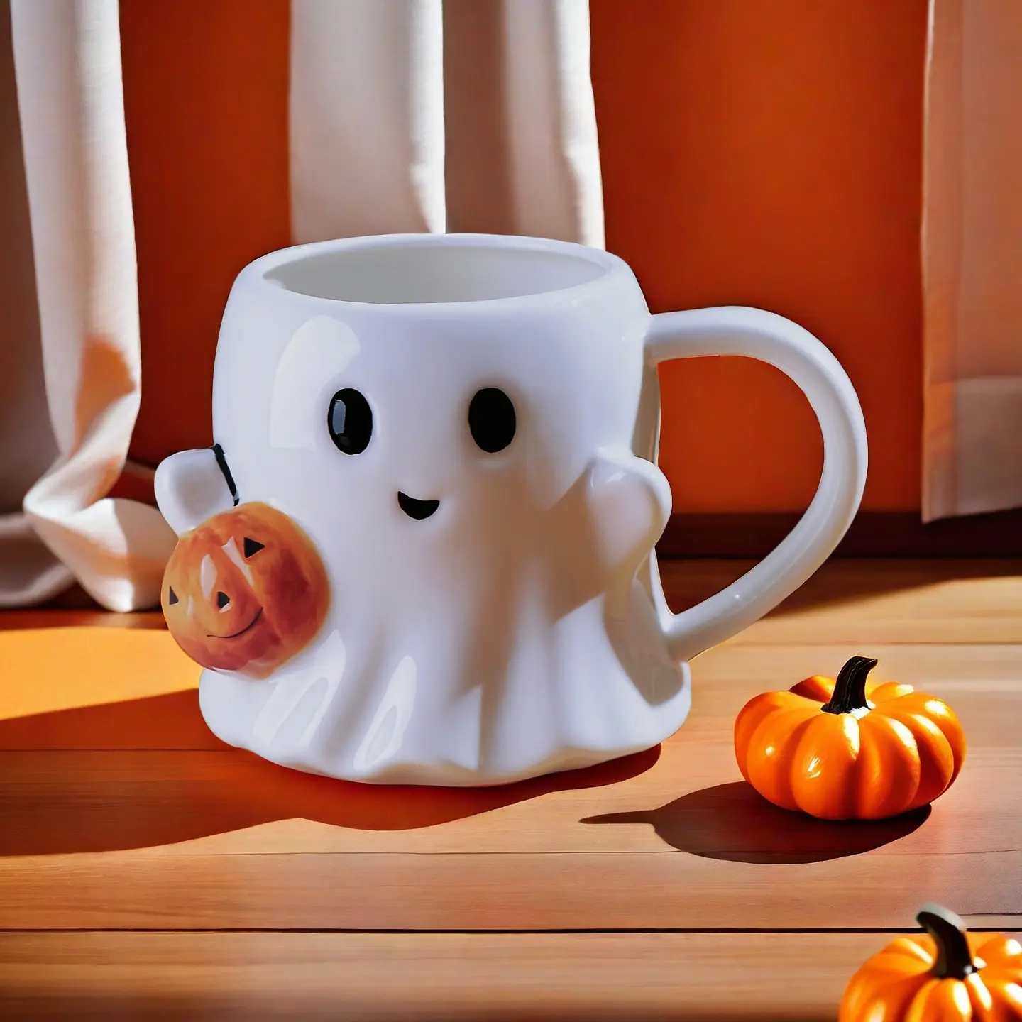 Halloween Ghost Coffee Mug Set, Cute Pumpkin Face Design Ceramic Cups with Handle, Perfect Gift for Halloween Party Decorations, Ceramic Drinkware