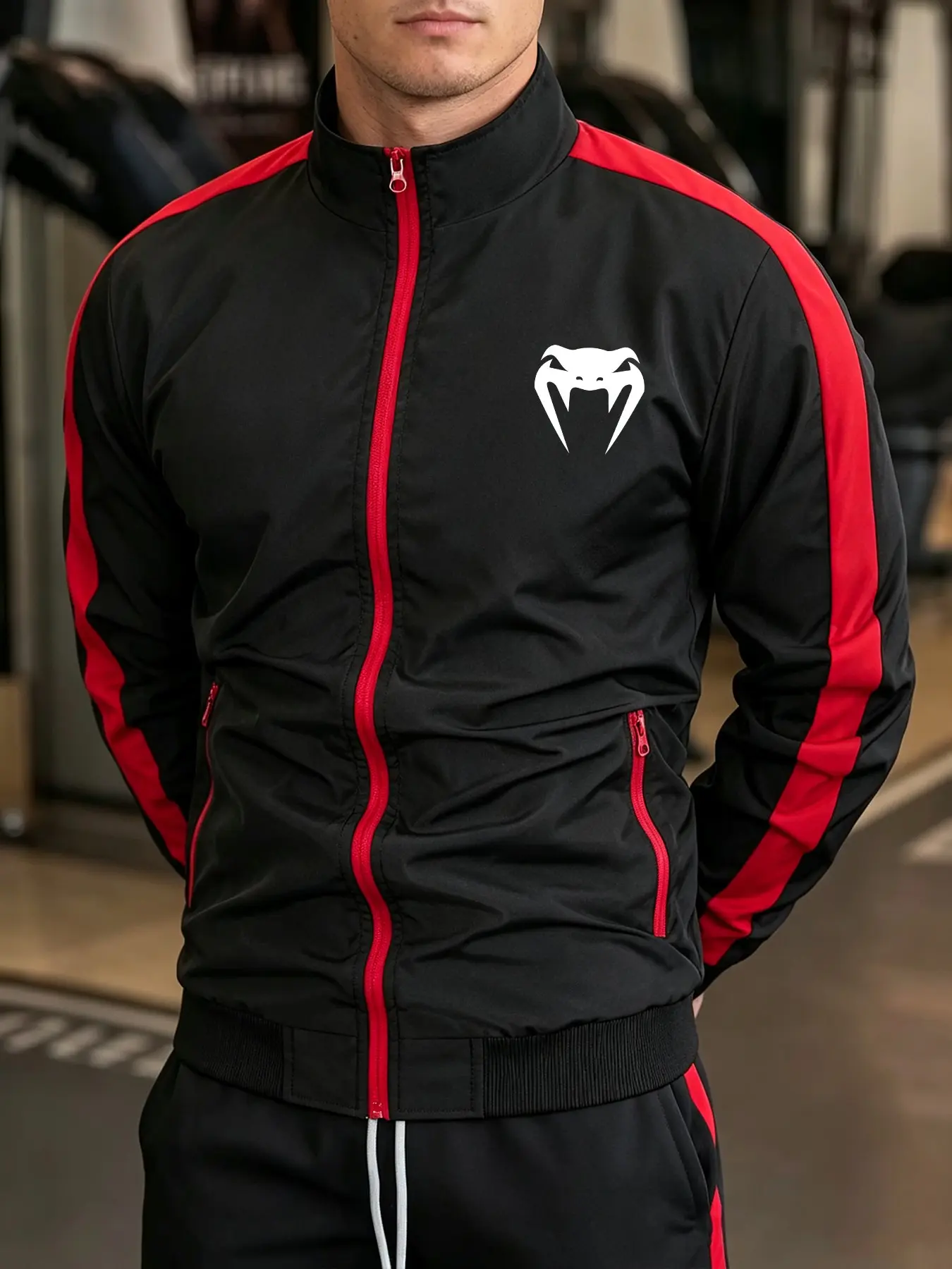 Mens Sport Stand Collar Track Jacket Red Side Striped Full Zip Up Coat Casual Workout Daily Viper Head Print Streetwear Running Sport Outerwear Tops Athletic Workout Jacket
