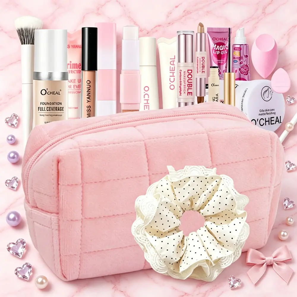 14-Piece Makeup Set, Beauty Bundle Kit, Foundation, Loose Powder, Lip Gloss, Dual-Ended Contour Eyeshadow Stick, Temperature-Sensitive Lip Oil, Blush Brush, Primer, Concealer, Makeup Sponge, Wedding Bridesmaid Gift, Birthday Present