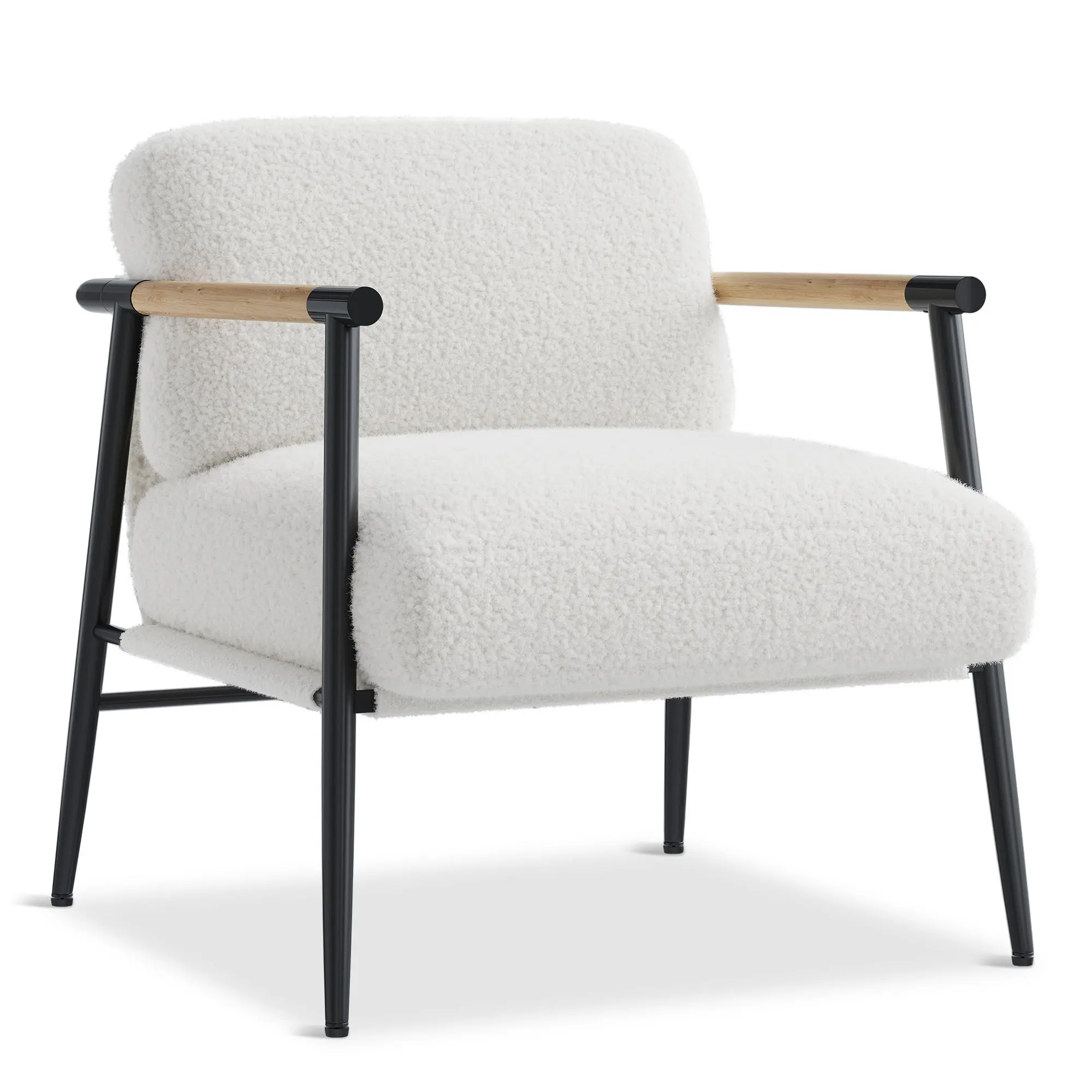 Mid Century Modern Accent Chair 420g Sherpa Fabric Lounge Chair for Living Room Bedroom Cozy Reading Nook Heavy Duty Single Sofa Chair 330lbs Capacity Metal Frame Teddy Boucle Armchair with Wood Armrests Pet Friendly Black White