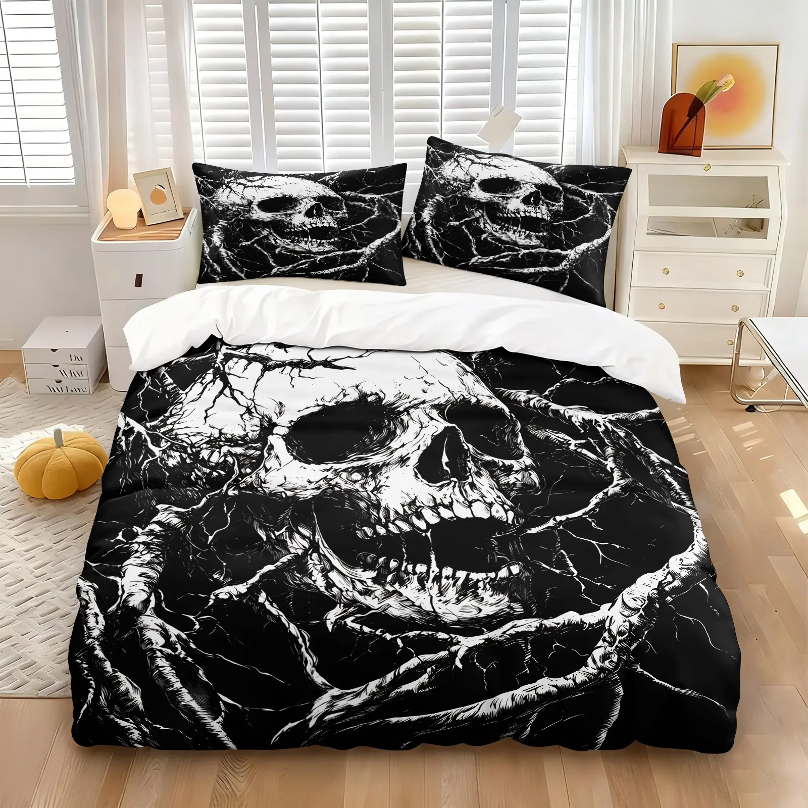 Black White Horror Skull Decorative Duvet Cover Set 3 Pieces No Filler, 1 Duvet Cover + 1-2 Coreless Pillowcases, Vintage Twisted Root Skeleton Print, Breathable Soft Comfy Dark Gothic Bedroom Bedding