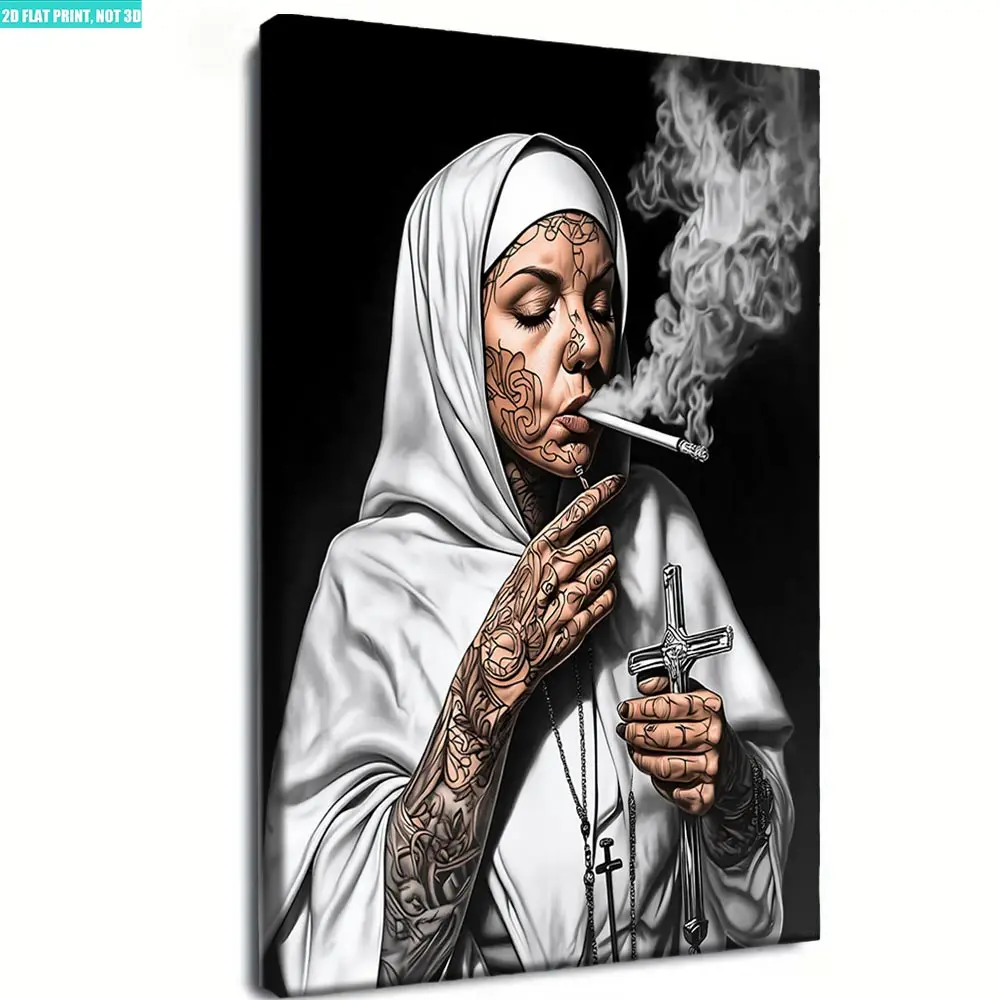 Wood-framed canvas painting with tattooed nun pattern, single piece modern art poster, decorative wall artwork ornaments for home living room, bedroom and office church decor unique art decoration
