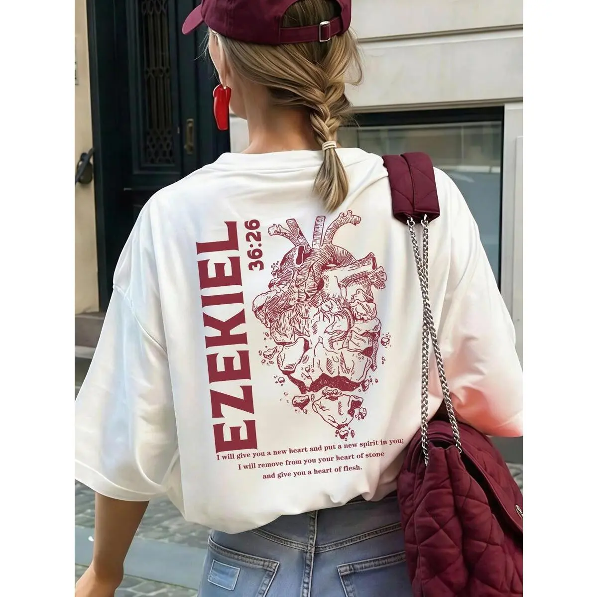 Women's Christian Faith Loose T-Shirt, Cotton Round Neck T-Shirt Printed With "Ezekiel 36:26" Anatomical Heart and Bible Verse, Religious Aesthetic Streetwear Top