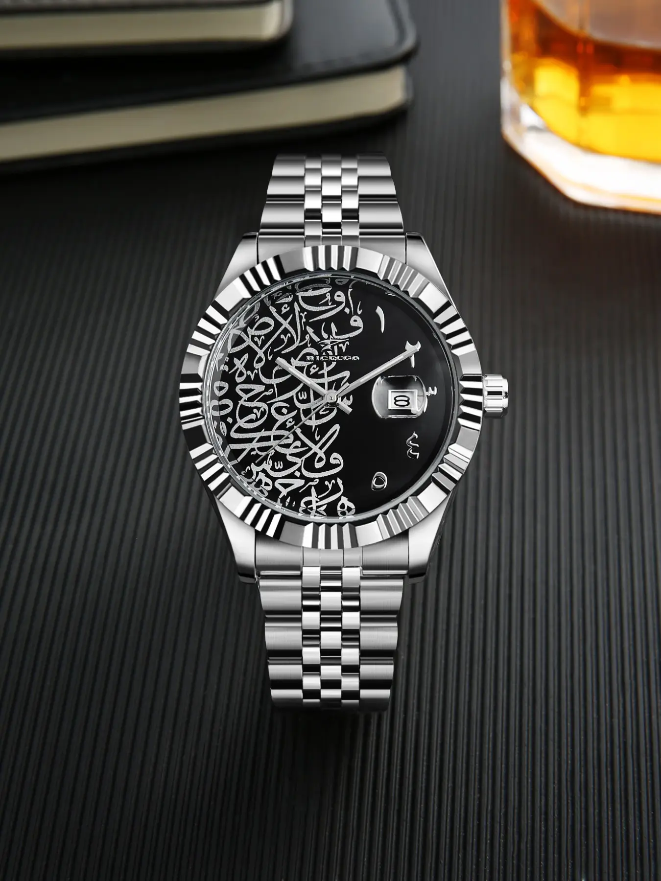 RICECGO Men's Vintage-Style Luxury Calendar Watch, Quartz Watch, Featuring an Exotic Arabic Calligraphy Dial—A Stylish Men's Accessory
