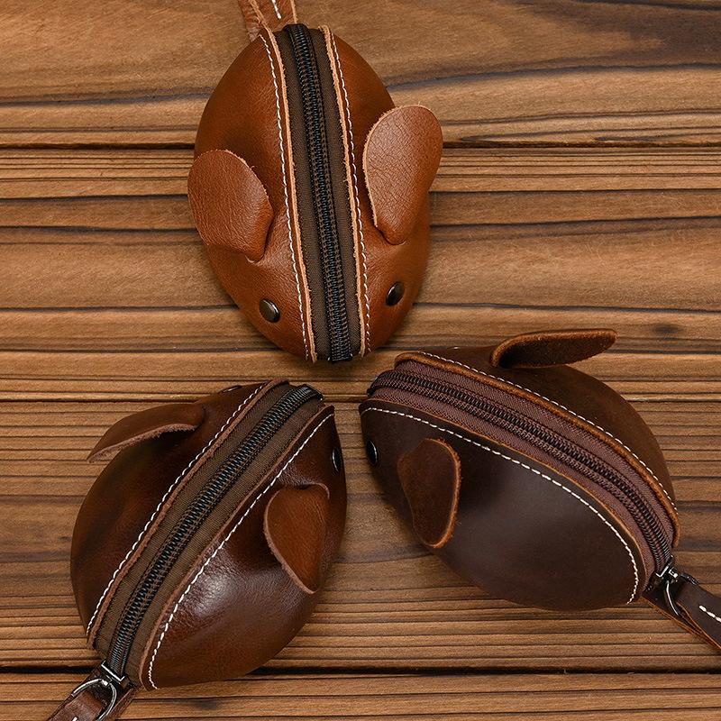 Unisex Crazy Horse Leather Card Holder & Coin Purse | Genuine Cowhide Mini Wallet, Cute Mouse Animal Design, Zipper Closure Slim Card Case, Durable Lightweight EDC Pocket Wallet for Daily Casual Use