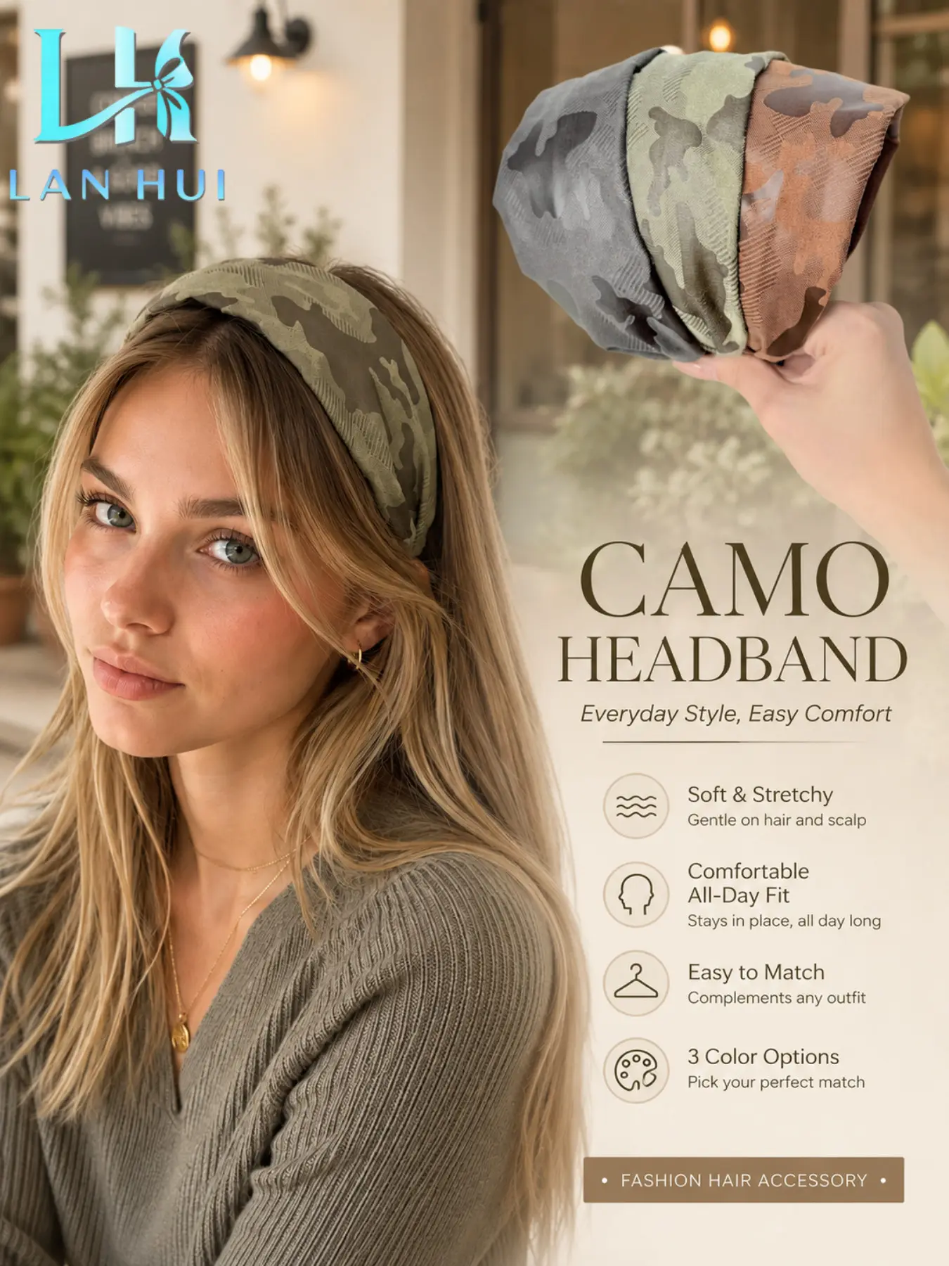 3-Piece Camouflage Wide-Band Hairband Set, Non-Slip Comfortable Headwear, Breathable Fabric, Ideal for Sports and Daily Use, Women's Hairstyling Accessory