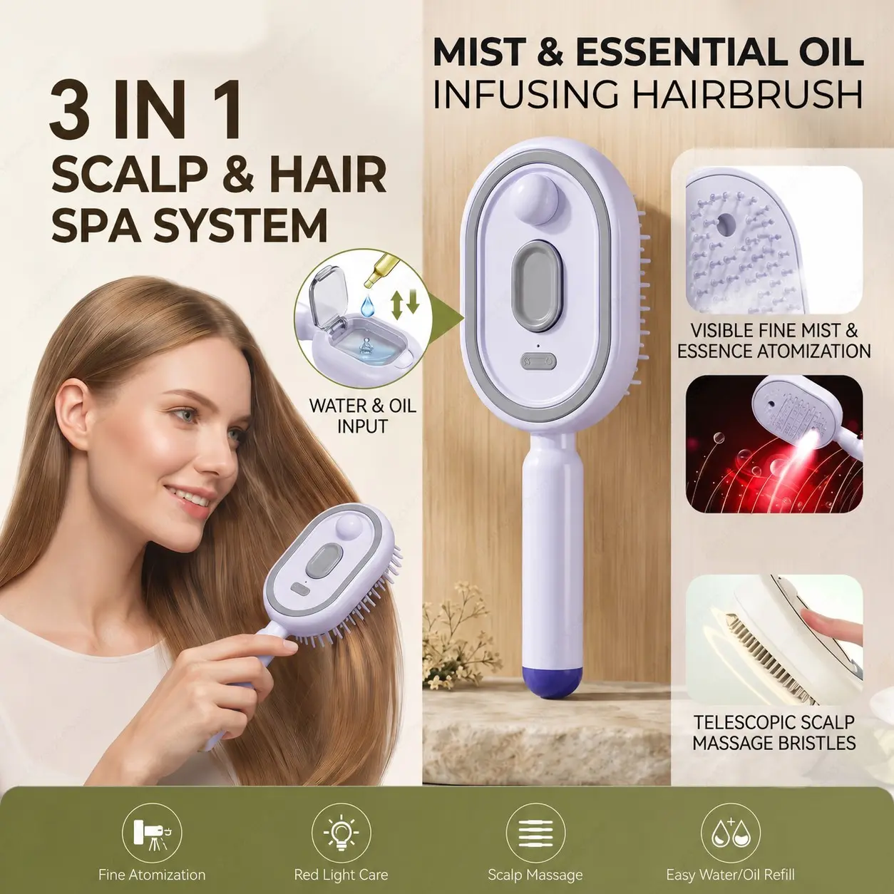 3 in 1 Air Cushion Massage Comb, Steam Essential Spray Hair Brush, Self Cleaning Anti Frizz Detangler, Wet & Dry Hair Care Tool, Misting Hair Brush