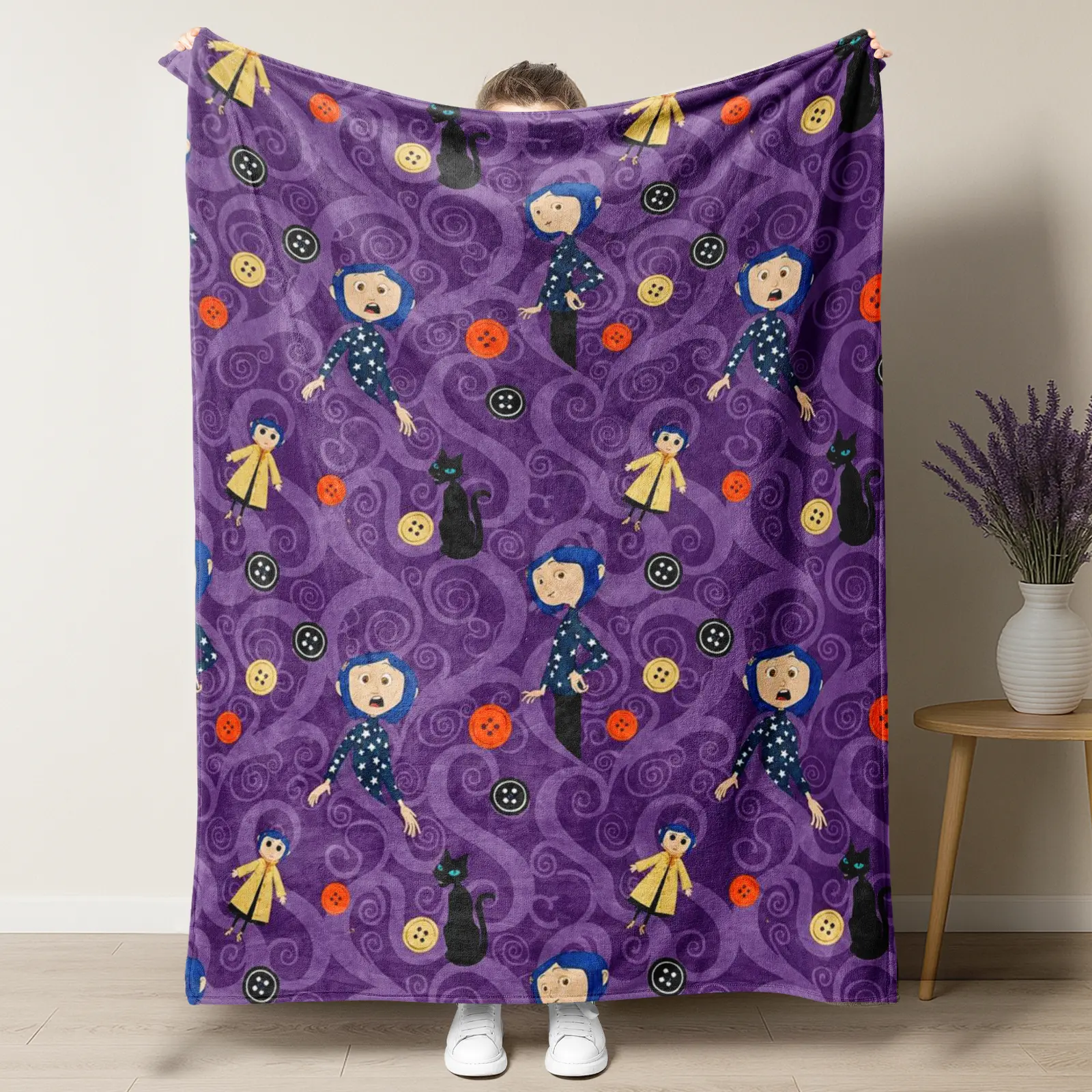 Coraline All Over Print Purple Swirl Black Cat Button Pattern Soft Flannel Throw Blanket Spooky Movie Fan Home Decor Best Friend Birthday Gift Cute Couple Gifts