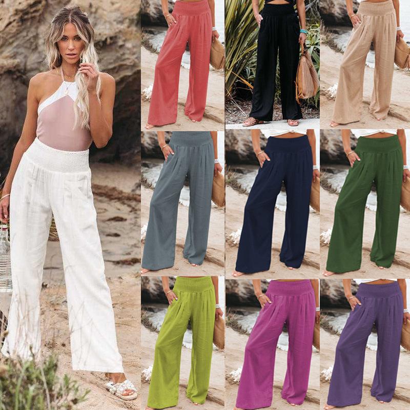 Women's Spring/Summer Beach Vacation Style Pants, Casual Wide-Leg Cotton-Linen Loose-Fit Trousers, Popular Beachwear Matching Pants for Women