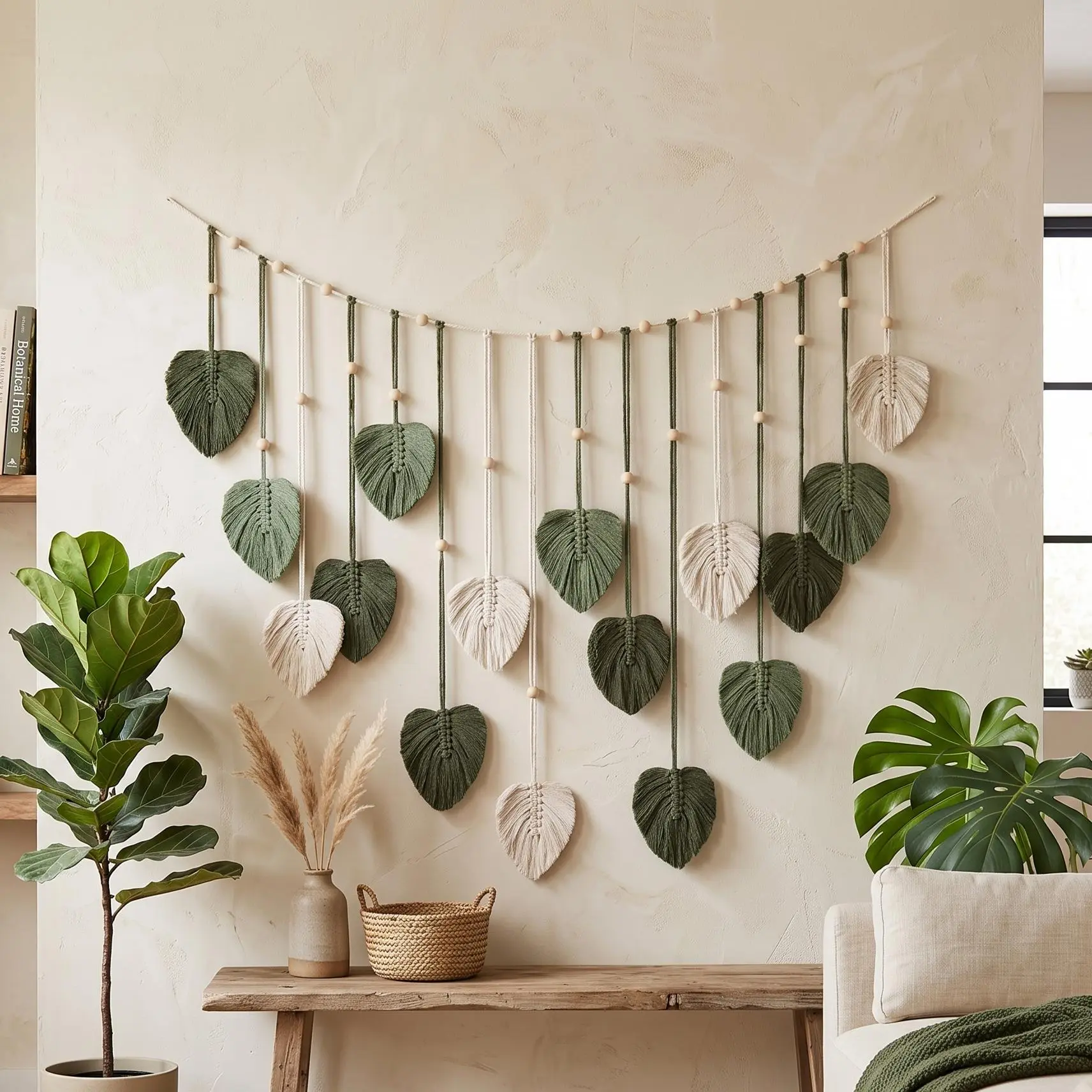 Handmade Cotton Weave Leaf Shapes Macrame Wall Hanging - Long Length Boho Woven Tapestry with Wooden Beads, Sage & Cream Home Accent for Mum, Kitchen, Housewarming Gift, One-Piece