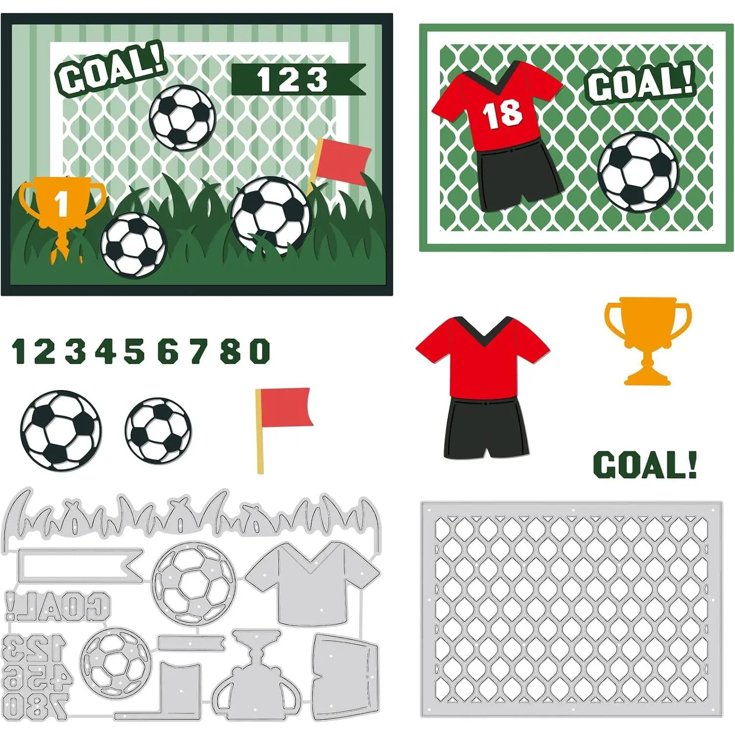 2 count Football Themed Carbon Steel  Dies Stencils, Turf Soccer Goal Trophy Metal Embossing Stencil for DIY Scrapbooking Album Paper Cards Decorative Craft