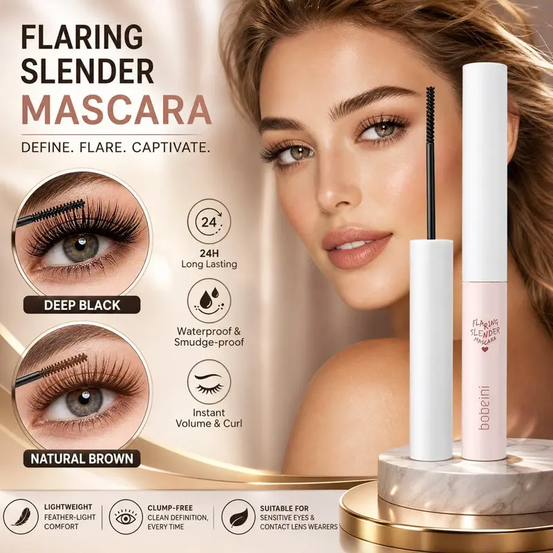 Ultra thin micro wand flaring slender curl mascara in deep black, lightweight clump-free cream coats tiny under-lashes to lift and lengthen straight sparse lashes for clean daily office makeup and evening party eye styling, Smudge Proof Mascara