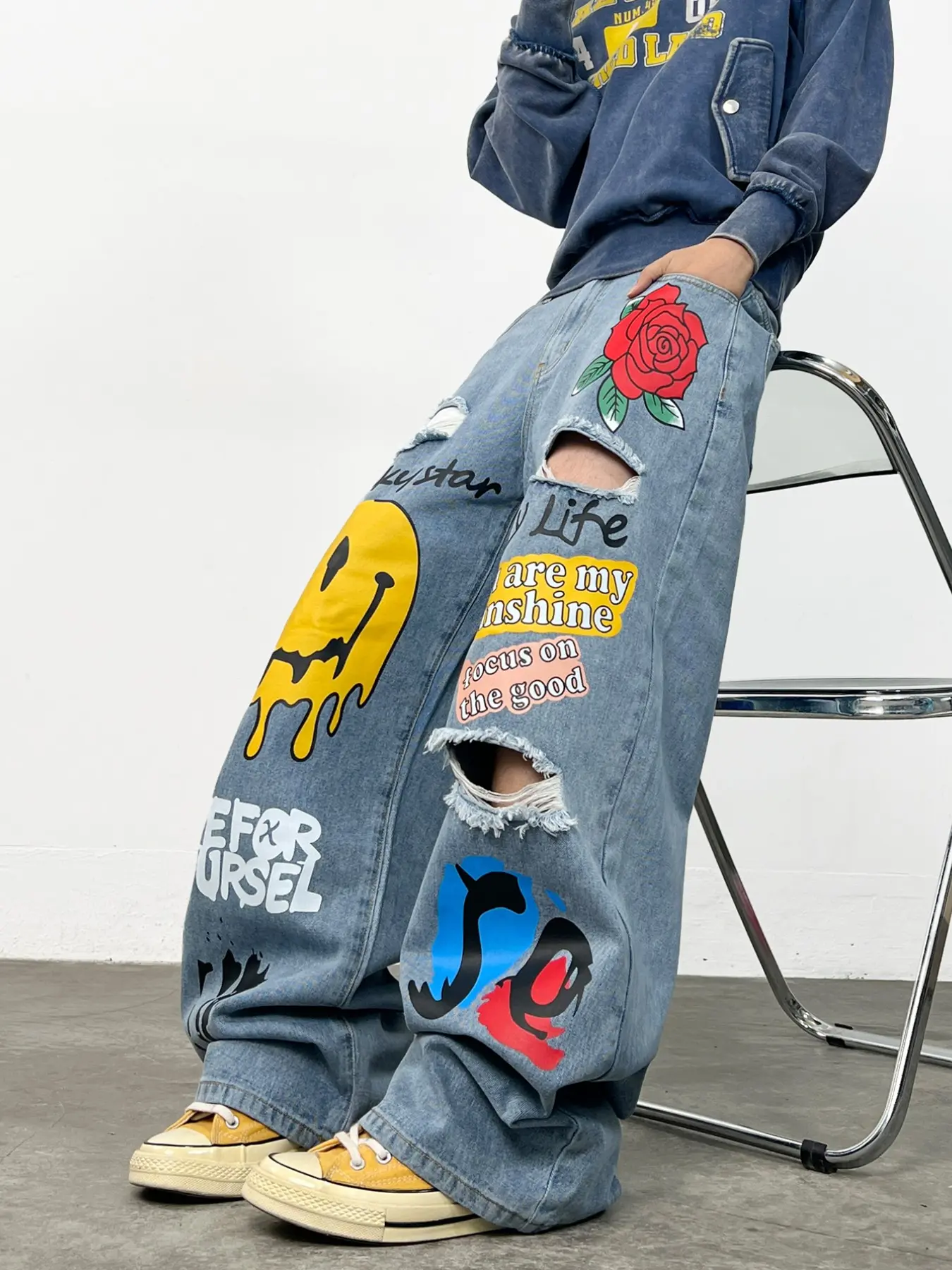 Men's Blue Jeans with Smiley Face Graffiti Print Rips, Loose-Fit Baggy Oversized Wide Leg Pants, Y2K Streetwear Street Style Fashion, All Seasons, Multiple Sizes Available, Casual Streetwear Jeans