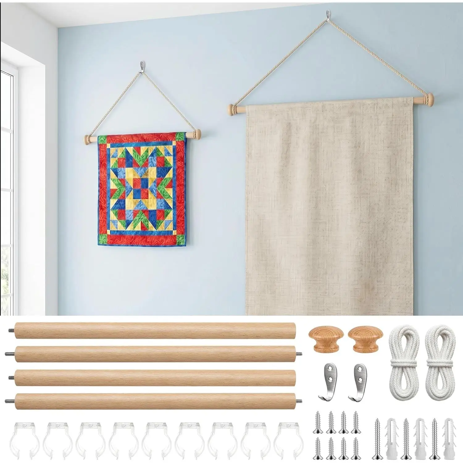 Ajerg 2 Pack Wooden Tapestry Hangers 16 Inch Tapestry Hanging Rod Kit with Cord & Hooks for Bedroom, Dorm, Apartment, Wall Hanging Display Set for Tapestries, Banners & Fabric Art Decor