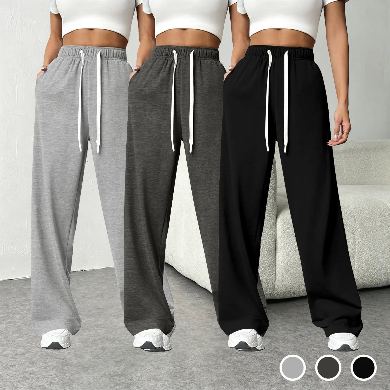 Women's 3-Piece Basic Soft Rayon Spandex Baggy Wide Leg Pants - Elastic High Waist, Drawstring, Drape Fabric, Fits Workout & Loungewear Casual Bottoms, Comfy Pants, Loose Fit Pants