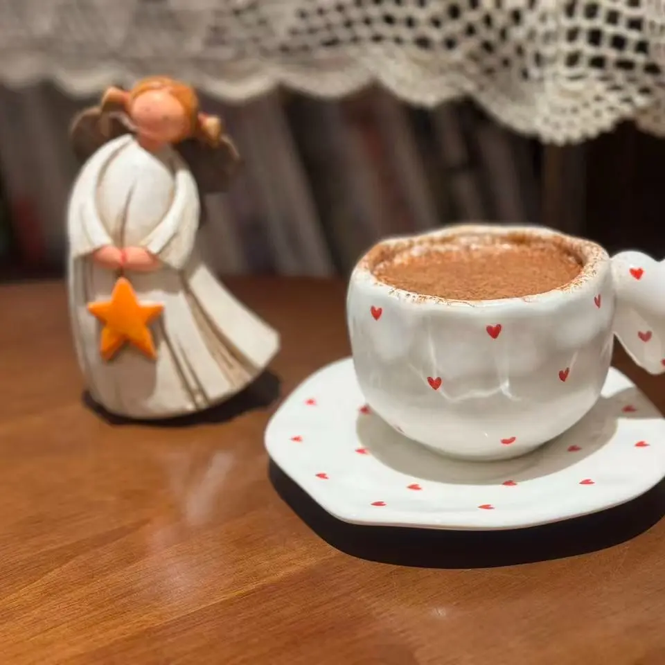 Korean Style Wind Irregular Hand-Pressed Ceramic Coffee Cup and Saucer, Heart Handle Hand-Painted Love Ceramic Mug, Gift for Holidays