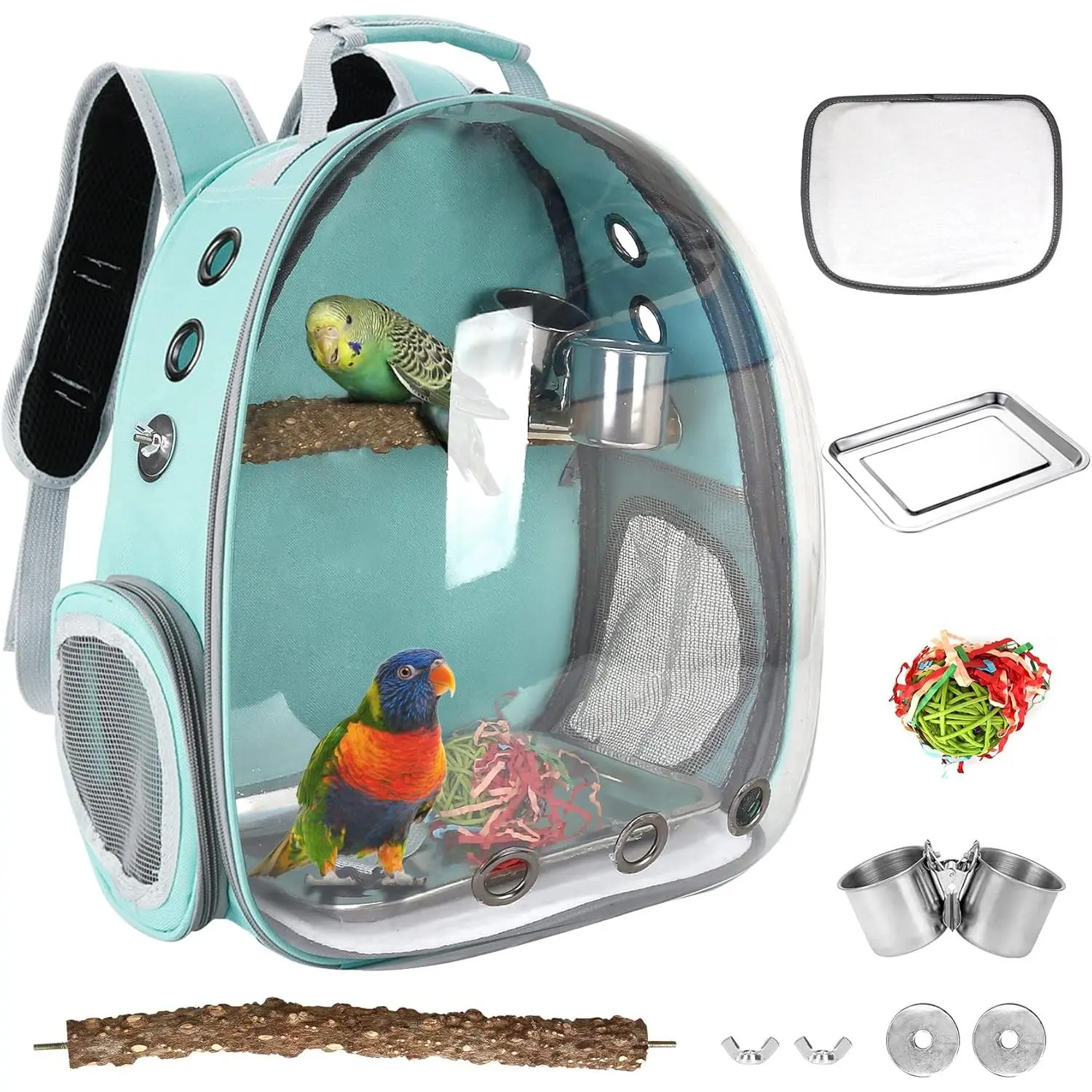 Portable Bird Carrier Backpack Travel Cage with Perch, Food Bowl & Stainless Steel Tray for Parrot Parakeet Cockatiel Conures Budgie Canary Lovebirds Small Animals