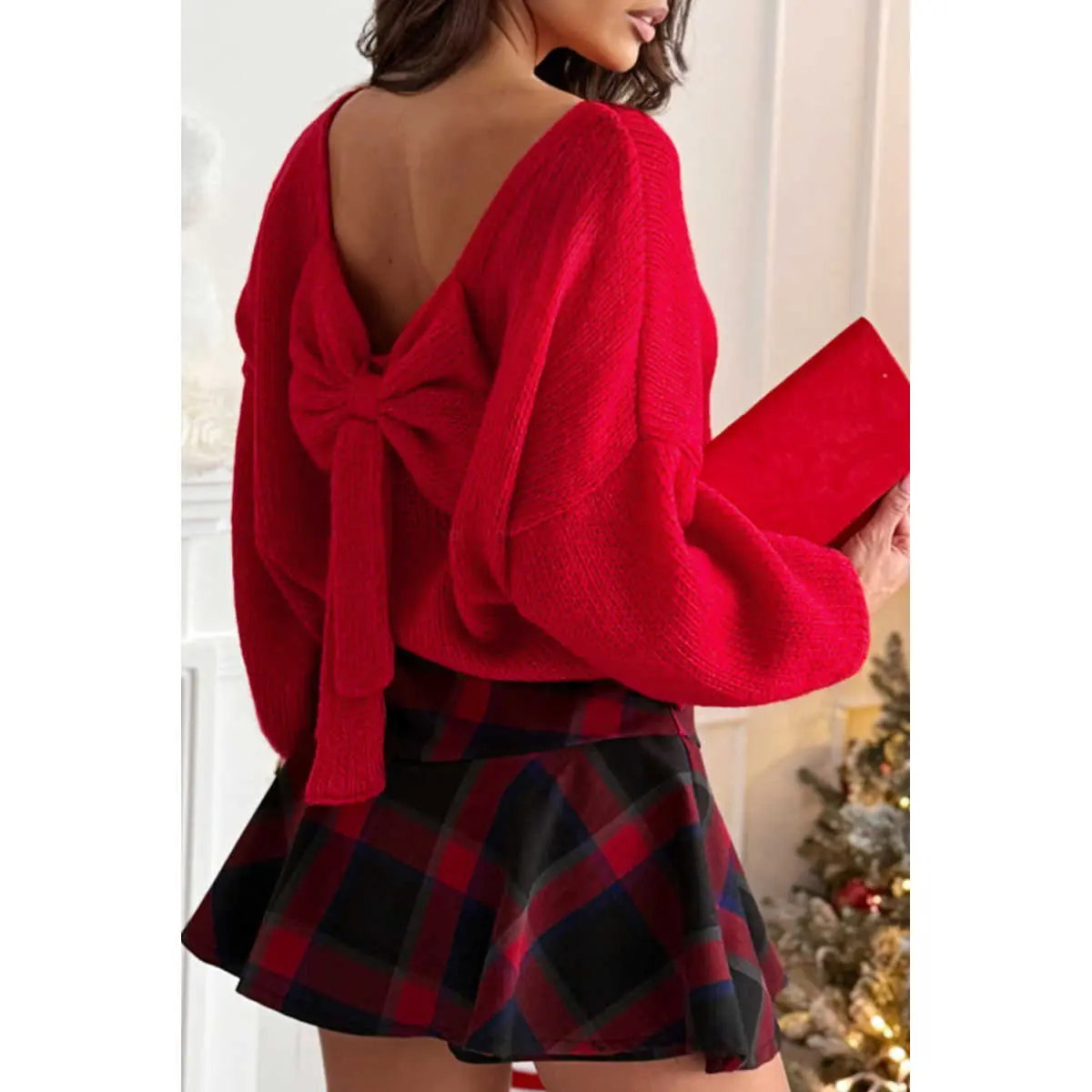 PHEFEE Women's Chic Oversized Knitwear, Round Neck Backless Bow-Embellish Chunky Knit Long Bubble Sleeve Elegant Casual Pullover Top