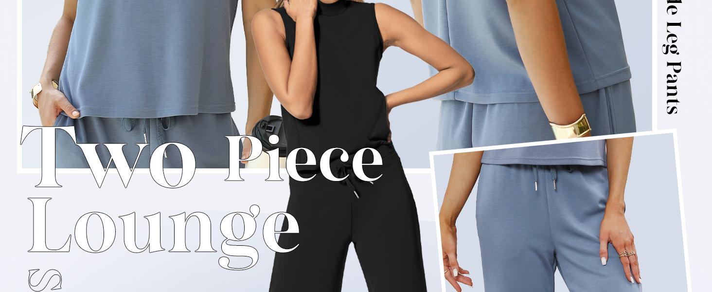 WIHOLL Two Piece Sets for Women Summer Outfits Lounge Sets Mock Neck Tops Wide Leg Crop Pants Vacation Travel Outfits