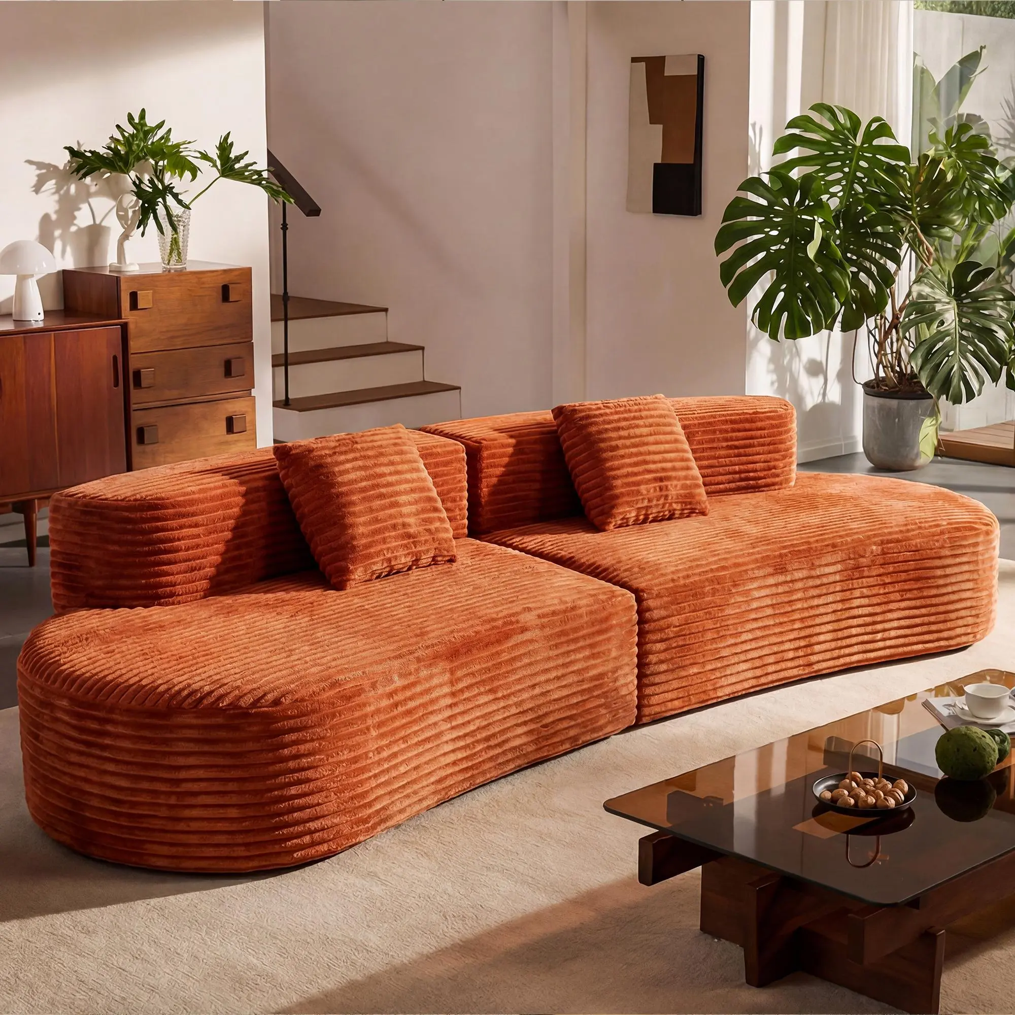 108.6 Inch Curved Combination Sofa with Modern Cloud Pattern Design, Frameless Compression Construction, Includes Two Pillows, Large Sectional Couch for Living Room or Office