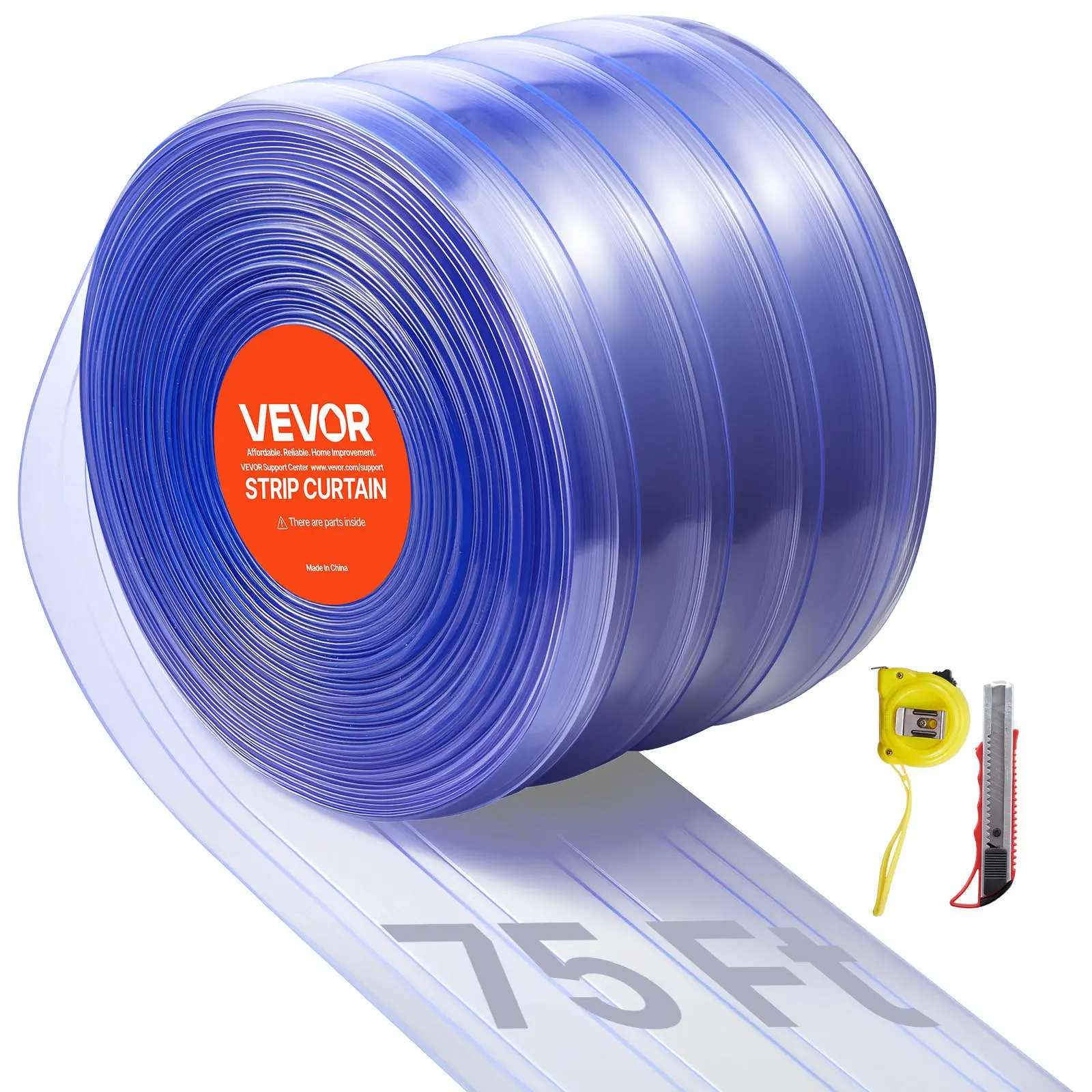 VEVOR Customised PVC Strip Curtain, 75 ft Length x 8 in Width, Ribbed Plastic Bulk Roll with Smooth Edge, Walk-in Freezer Cooler Curtain for Supermarket, Garage Doorways