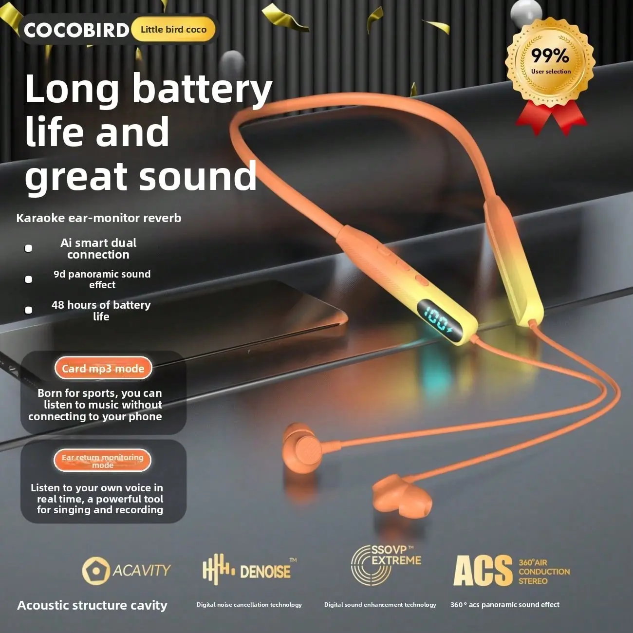 Wireless Bluetooth Neckband Gaming In-Ear Headset - Sports Use, Ultra-Long Battery Life, Universal Card Slot