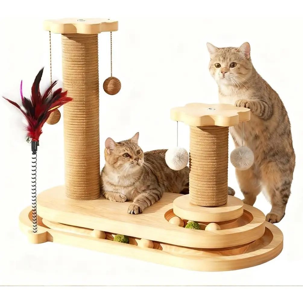 Cat Scratching Post, Sisal Cat Scratcher Post - 4-in-1 Cat Solid Wood Activity Center | Indoor Interactive Cat Toy with Trackball (Rolling), Feather Teaser, Hanging Balls & Natural Catnip Ball