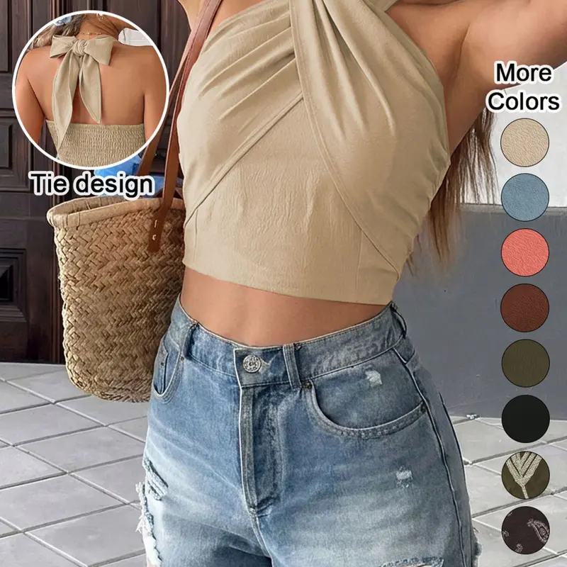Women's Four-Season Plain Short Cross Back Tank Top, Bohemian Boho Style Sleeveless Shirt, Party Dress for Vacation and Dates