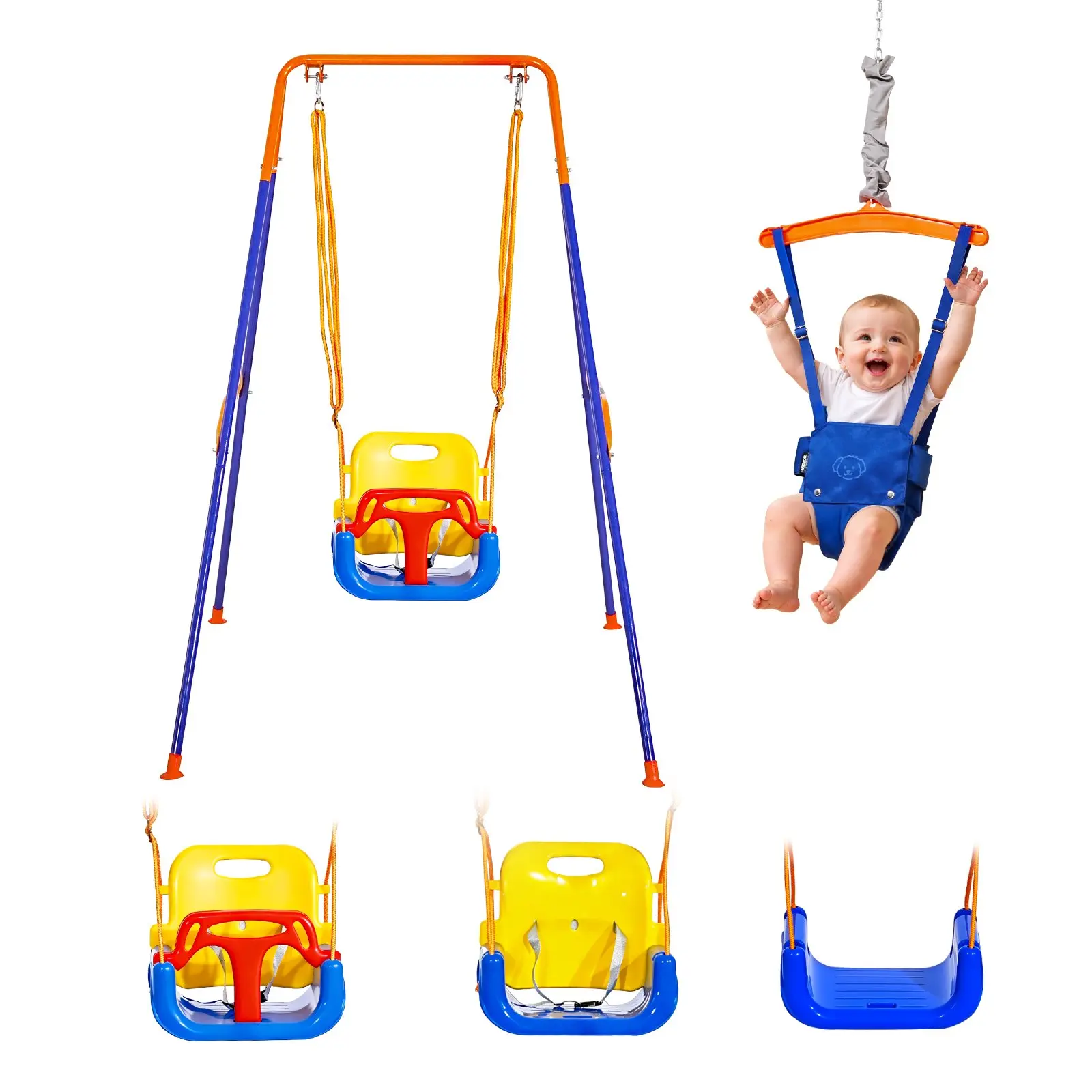 VEVOR Convertible 3-in-1 Carbon Steel A-Frame Swing Set - Compact Swinging Toddler Gear with Thick Plastic Baby Seat+Bouncer Seat, 4 Sandbags Reinforcement, Easy Install & Storage for Indoor/Outdoor Play