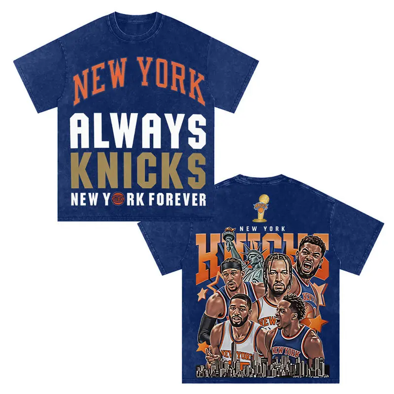 Double Sided Vintage Washed Oversized Short Sleeve Tee Front Stacked Knicks Slogan Back Multi Player Portrait City Skyline Statue Of Liberty Championship Cup Graphic Unisex Men Women Retro NYC Basketball Boxy Fit Streetwear Top For Game Day Fan Outfit